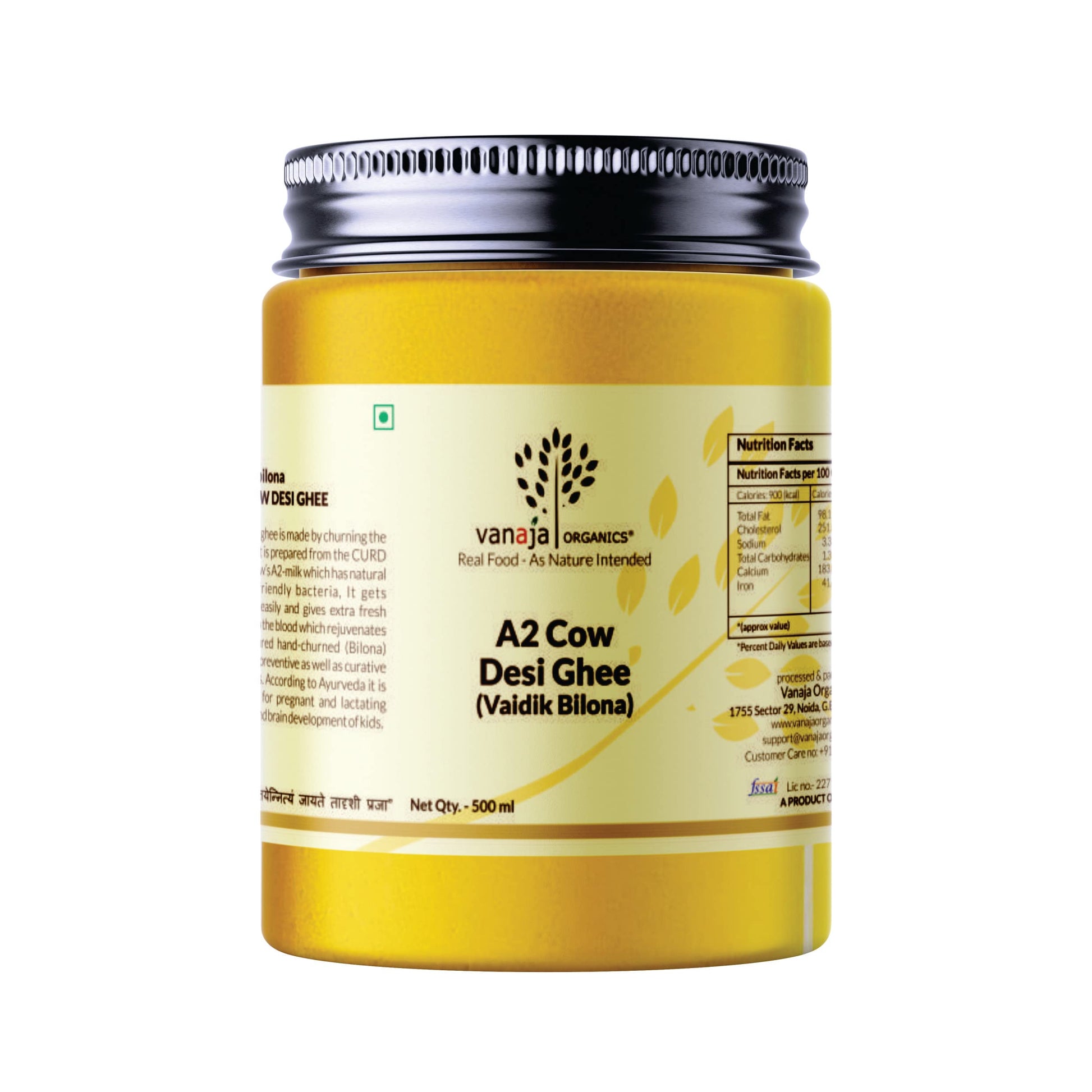Vanaja Organics A2 Cow Vedic Bilona Desi Ghee From Grass Fed Native Cows Grainy & Aromatic Keto Friendly - 500 Ml