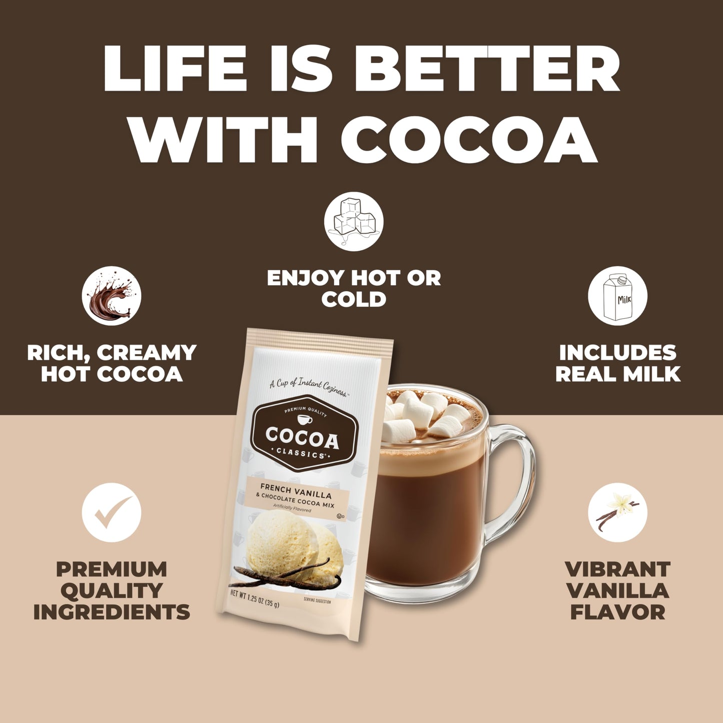 Cocoa Classics French Vanilla Cocoa Mix, Hot Chocolate, Made With Nonfat Milk, Just Add Hot Water, Make Hot Or Iced Cocoa, Glute