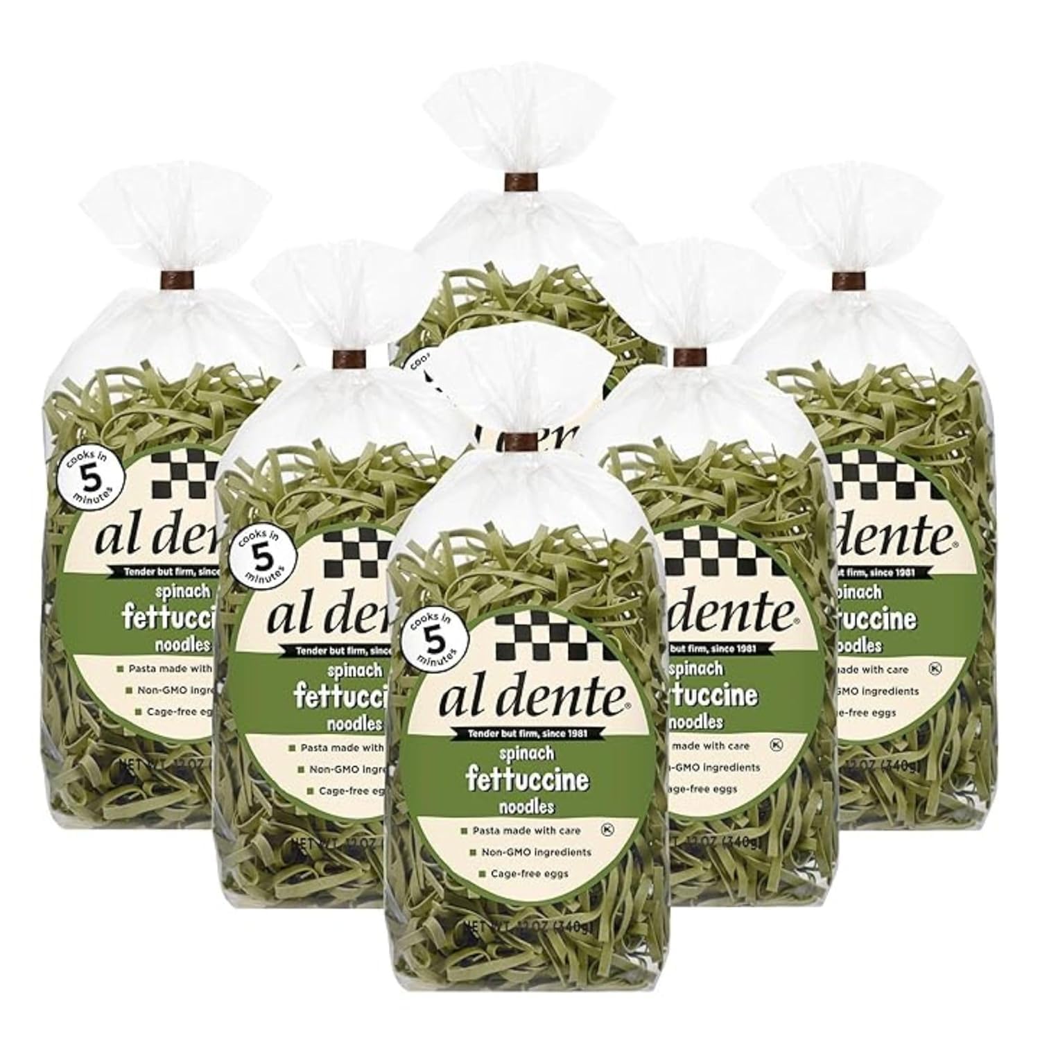 AL DENTE Spinach Fettuccine Egg Pasta, All-Natural, 12oz Bags (Pack of 6), Model 48-107