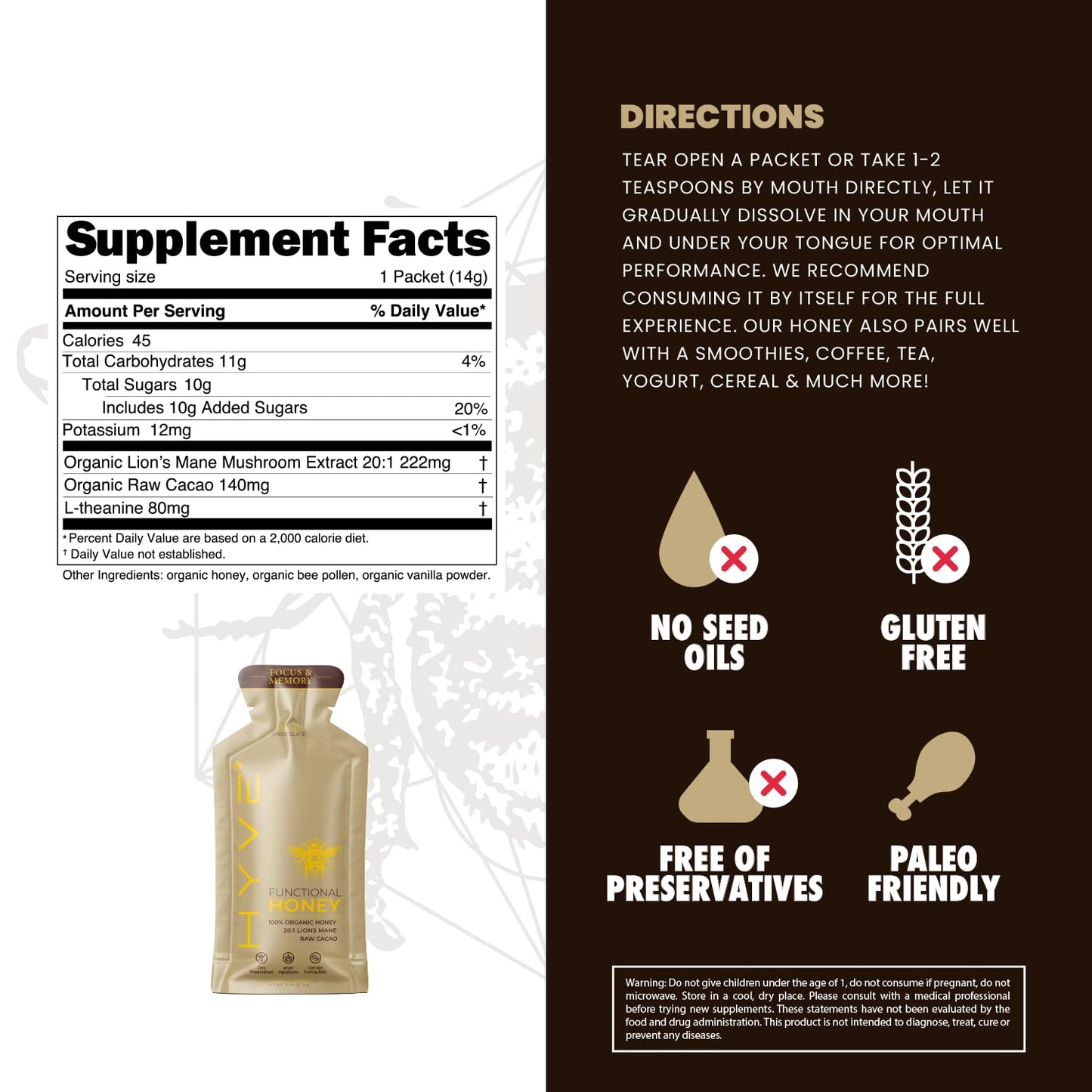 HYVE Mind Functional Honey - Focus & Memory Organic Honey with Lions Mane Mushrooms, Raw Cacao, Bee Pollen & L-Theanine - Cogni