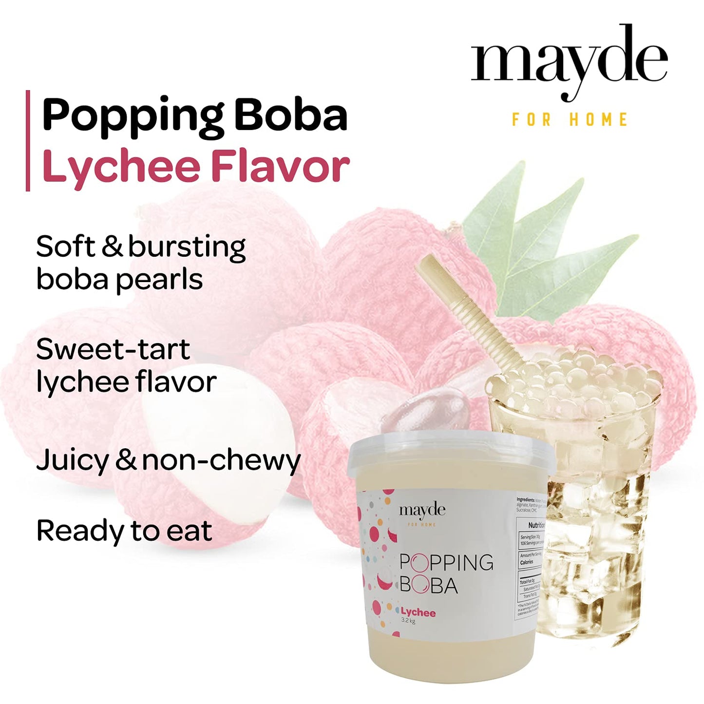 Mayde Popping Boba Pearls For Drinks, Desserts, & Breakfast Bowls (Lychee Flavor, 7 Pounds)