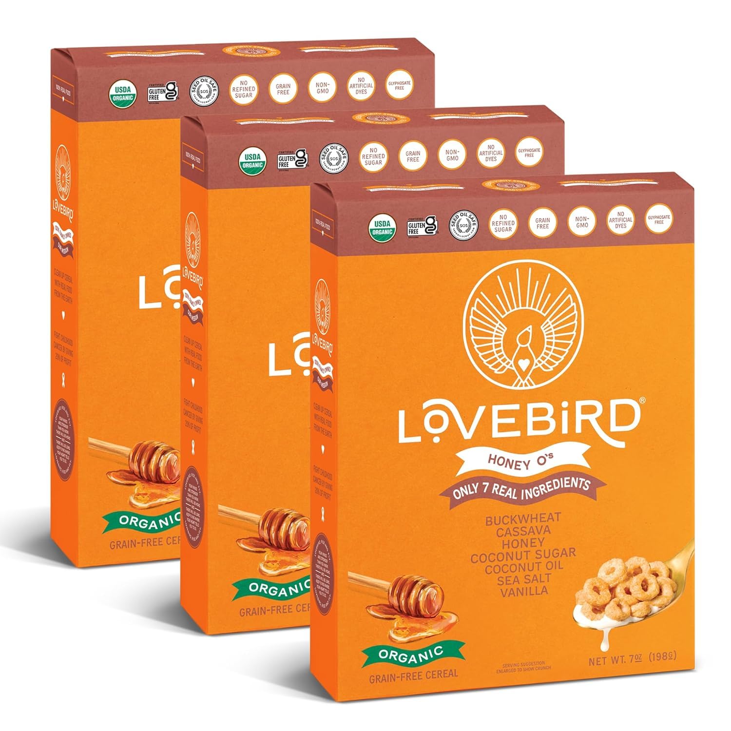 Lovebird Organic Gluten Free Cereal, Honey Flavor - Prebiotic Fiber, Gut Health, Low Sugar, Grain Free, Breakfast or Snack - Hea