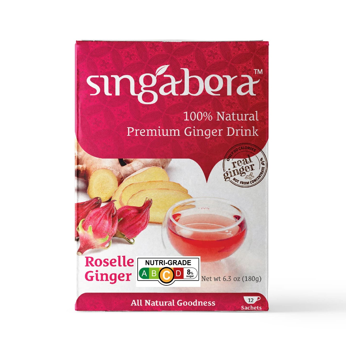 Singabera Ginger Drink - Roselle Flavor, Pack of 3, 6.3 oz Each