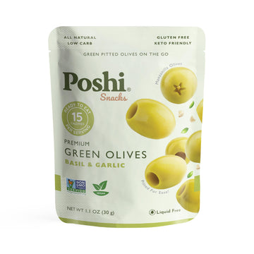 Poshi Green Pitted Olives | Basil & Garlic | Vegan, Kosher, Gluten Free + Keto Friendly, Fresh, Low Calorie Healthy Snacks | (30 Pack, 1.1Oz Bags)