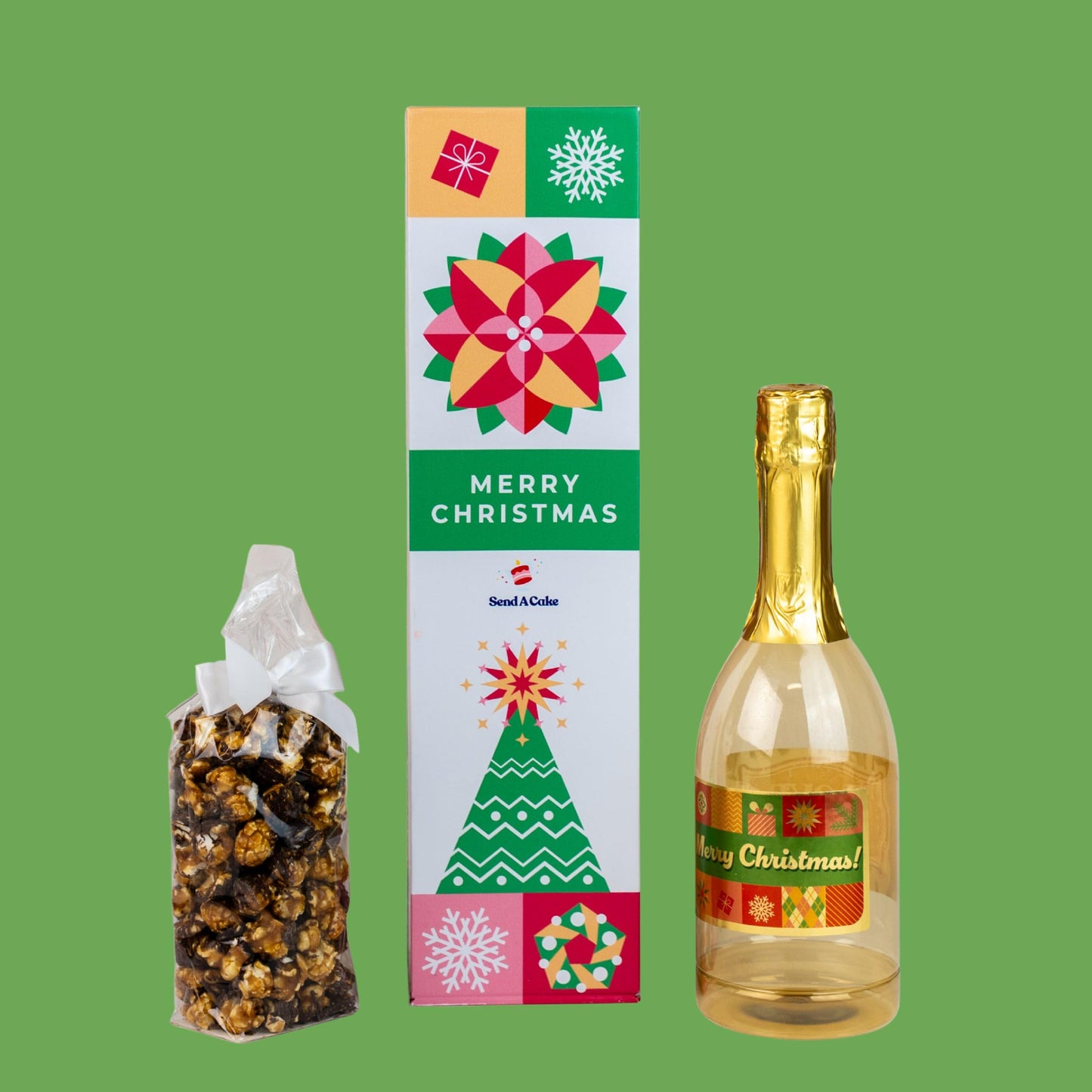 Merry Christmas Bubble Box With Holiday Caramel Corn By Send A Cake, Ready To Gift, No Assembly Required - Christmas Surprise - Unique Gift For Women, Men, Mature-Themed, Kids