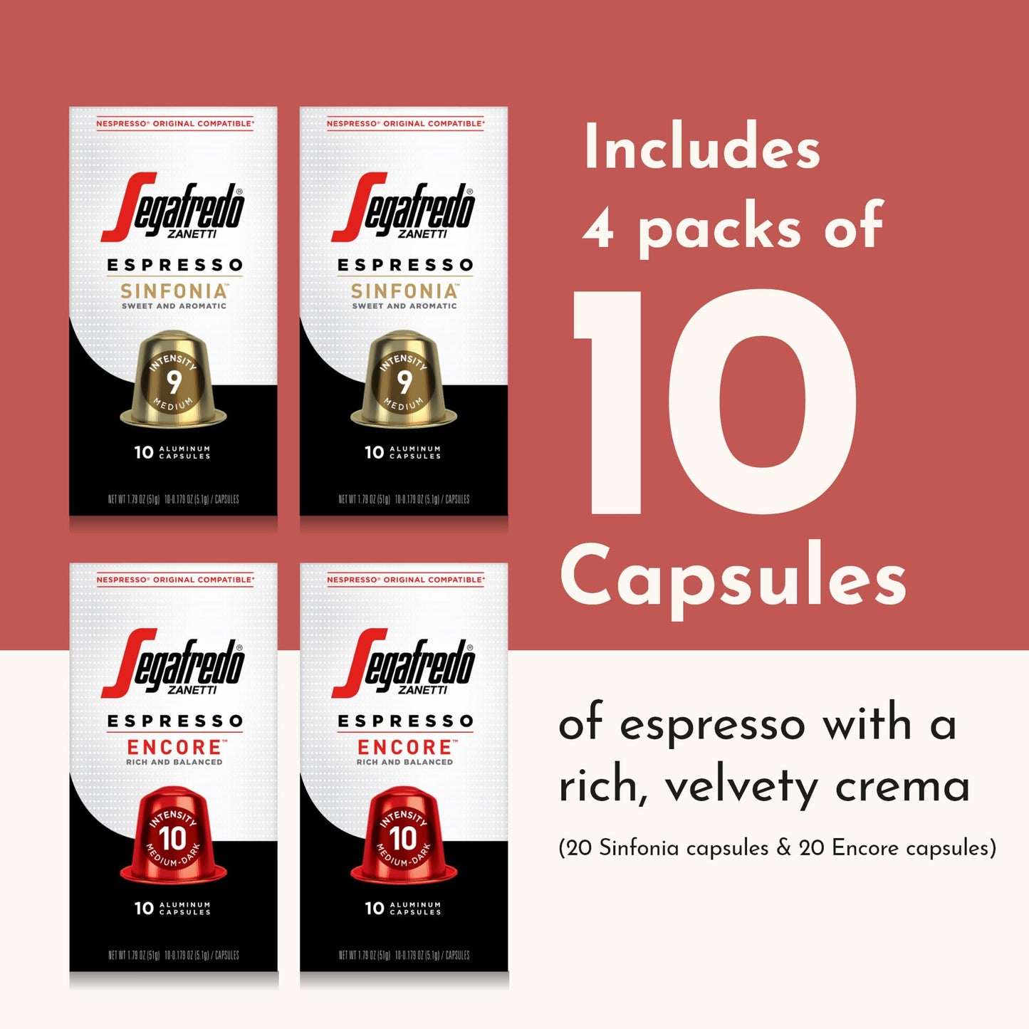 Segafredo Zanetti Espresso compact pieces - Aluminum Pods for Nespresso - Sinfonia & Encore, Medium & Medium-Dark Roast, 10 Count (Pack of 4)