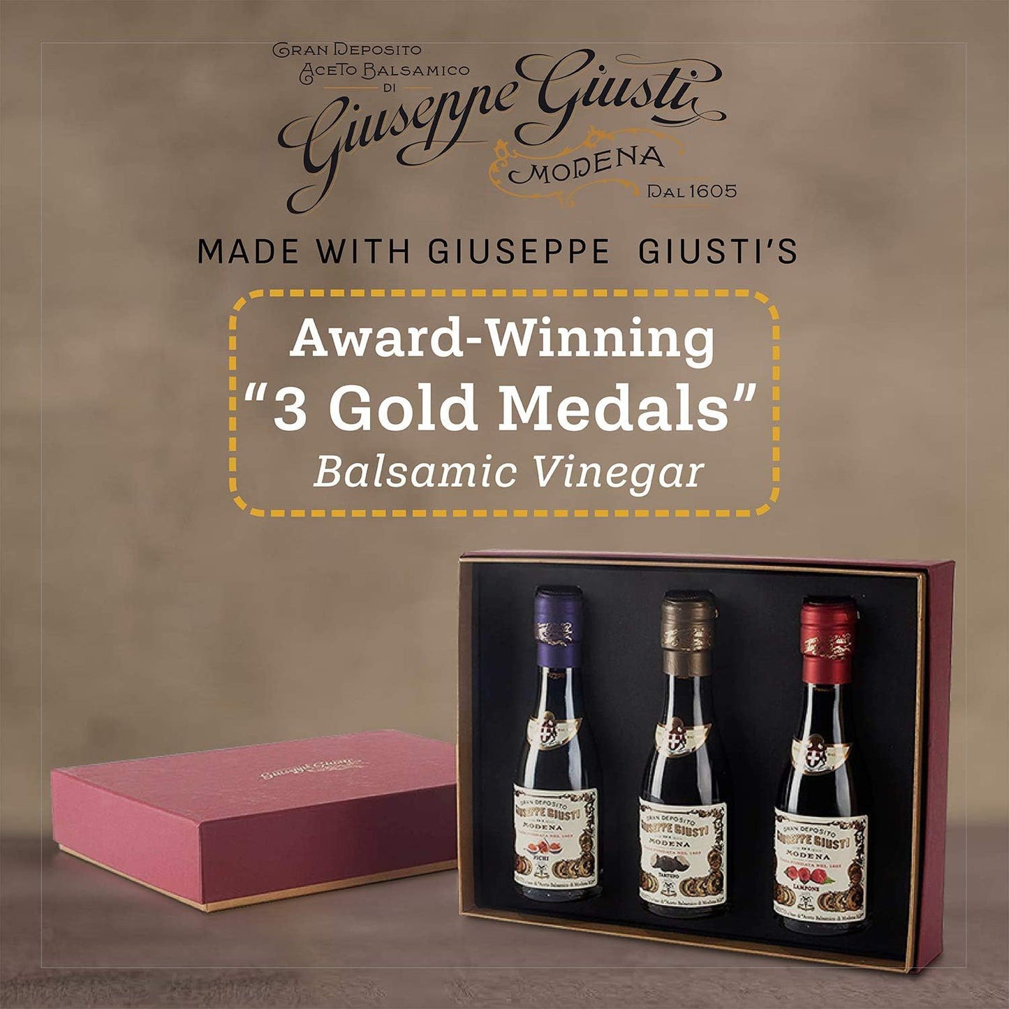 Giusti Balsamic Vinegar Trio Gift Set - 3 x 3.38 fl oz, Premium Italian Aceto Balsamico with Truffle, Raspberry & Fig, Black