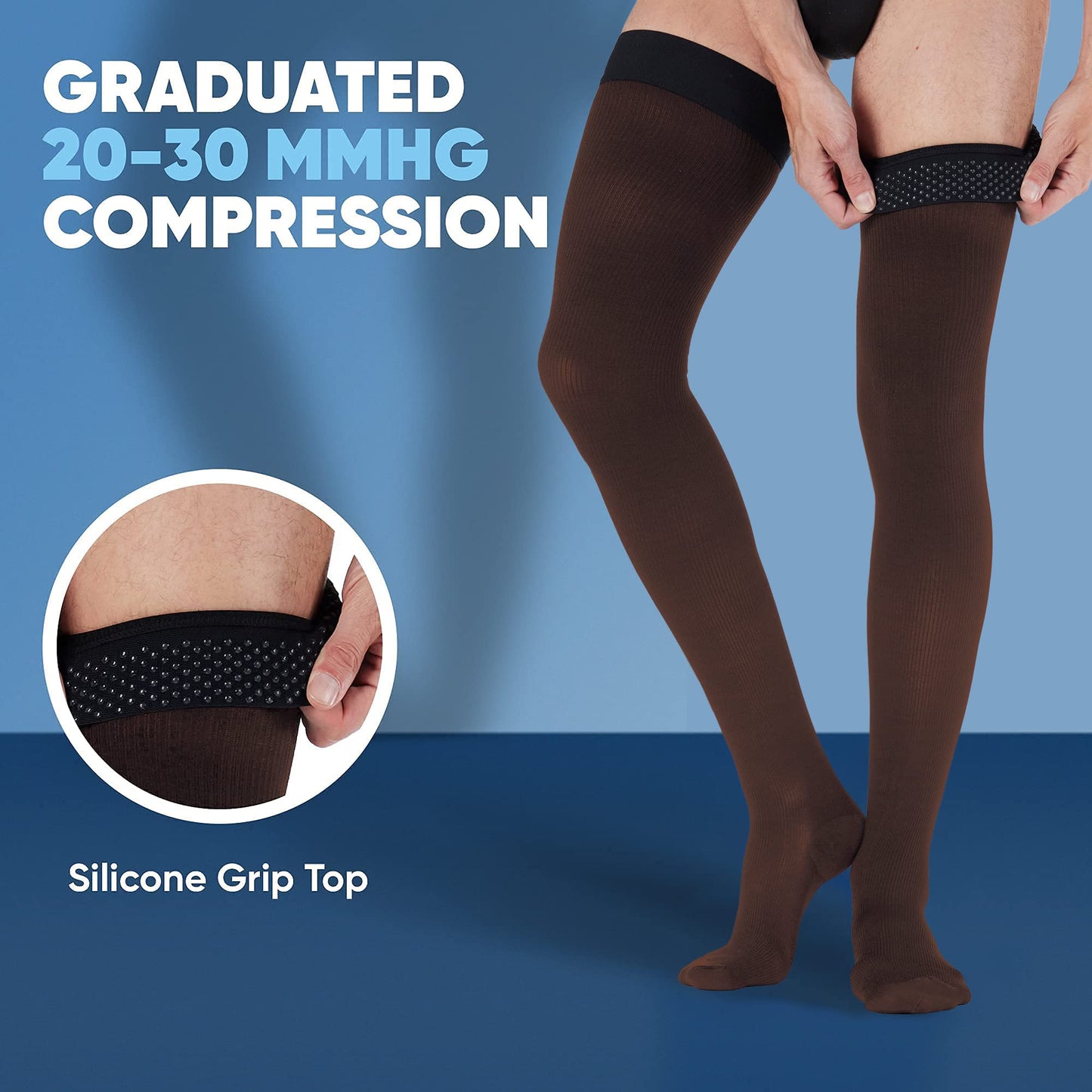 7Xl Plus Size Compression Thigh Hi Socks For Men 20-30 Mmhg With Grip Top - Mens Graduated Compression Stockings Hose For Improv