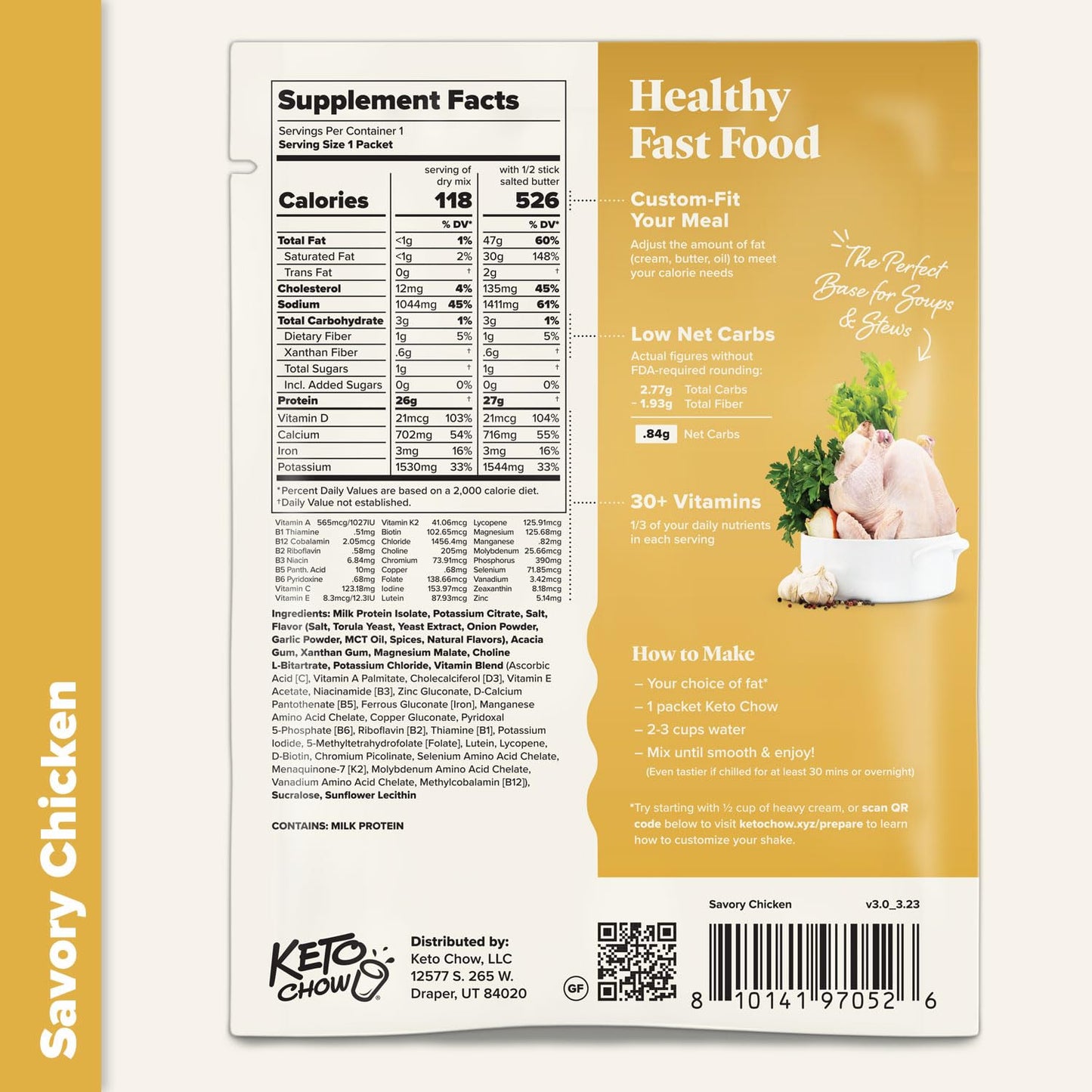 Keto Chow Savory Chicken | Keto Soup Base Powder | Nutritionally Complete | Low Carb | Protein Rich | You Choose The Fat | Singl
