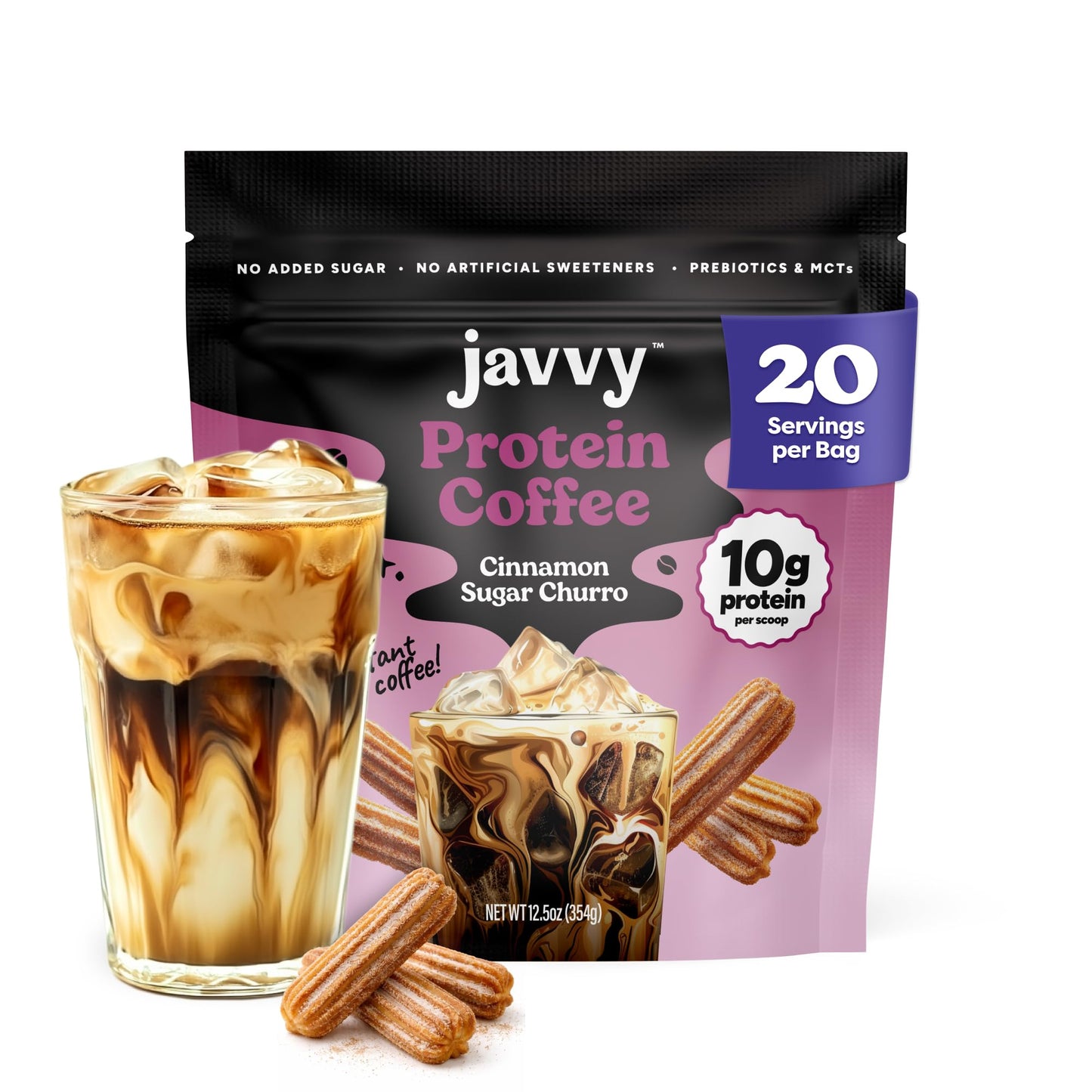 Cinnamon Sugar Churro Protein Iced Coffee - Top-Grade Whey Protein & Instant Iced Coffees - 100% Natural Cold Brew - Zero Artificial Flavors & Sweeteners  80 Mg Energy Blend  No Added Sugar  20 Servings