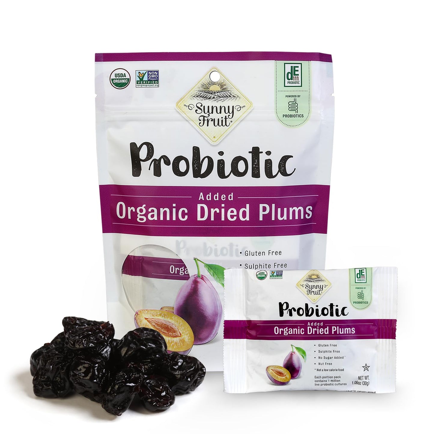 Sunny Fruit Organic Probiotic Prunes - 1 Bag (5 Individual Portion Packs) | No Preservatives  No Sugar Added | Convenient Dried Plums Snack With Live Probiotics | Organic  Non-Gmo  Kosher  Halal