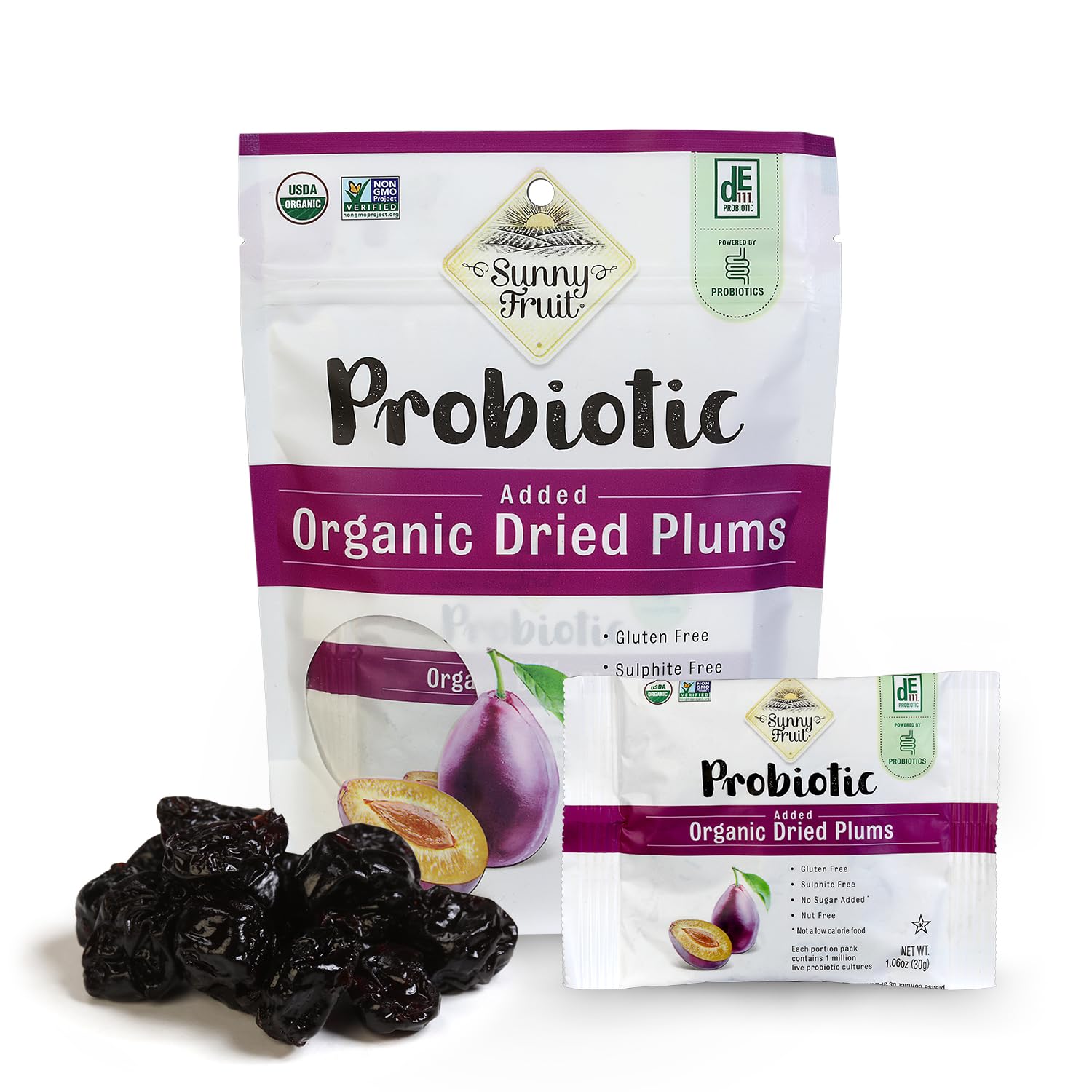 Sunny Fruit Organic Probiotic Prunes - 1 Bag (5 Individual Portion Packs) | No Preservatives  No Sugar Added | Convenient Dried Plums Snack With Live Probiotics | Organic  Non-Gmo  Kosher  Halal