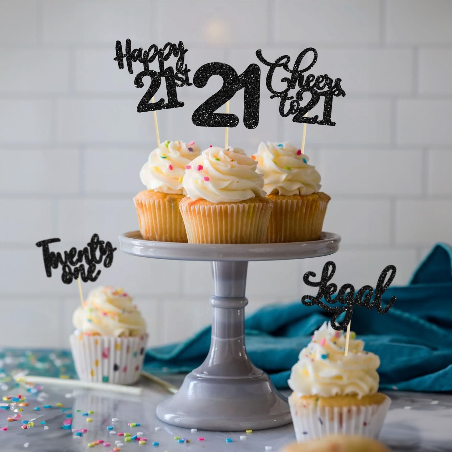 30 Pack Happy 21St Birthday Cupcake Toppers Black Glitter 21 Fabulous Cheers To 21 Years Old Birthday Cupcake Picks For Happy 21