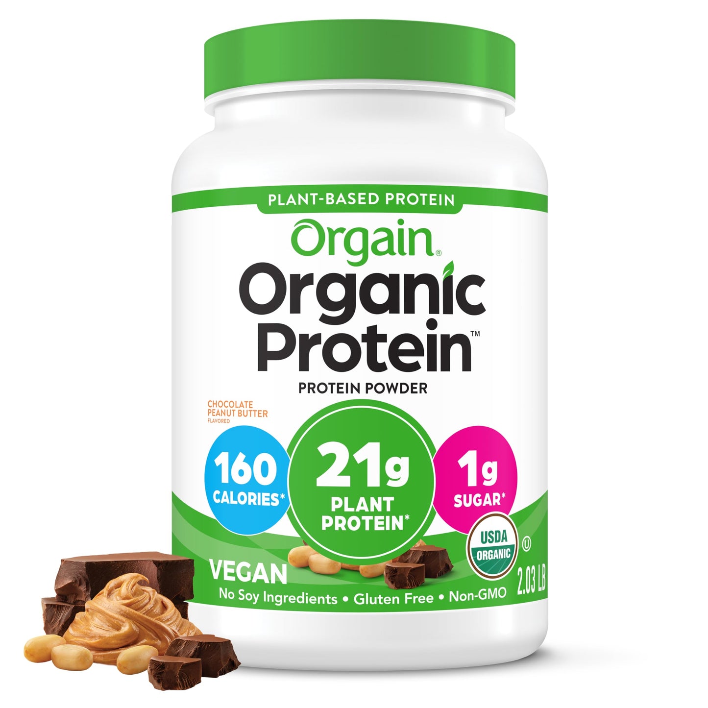 Orgain Organic Vegan Protein Powder, Chocolate Peanut Butter - 21g Plant Protein, 6g Prebiotic Fiber, Low Net Carb, No Lactose Ingredients, No Added Sugar, Non-GMO, For Shakes & Smoothies, 2.03 lb