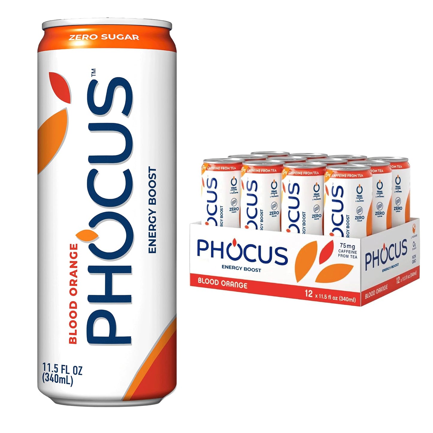 CLEAR CUT PHOCUS Caffeinated Sparkling Water, Blood Orange, 75mg Caffeine, Zero Sugar, 11.5 fl oz Cans, Pack of 12