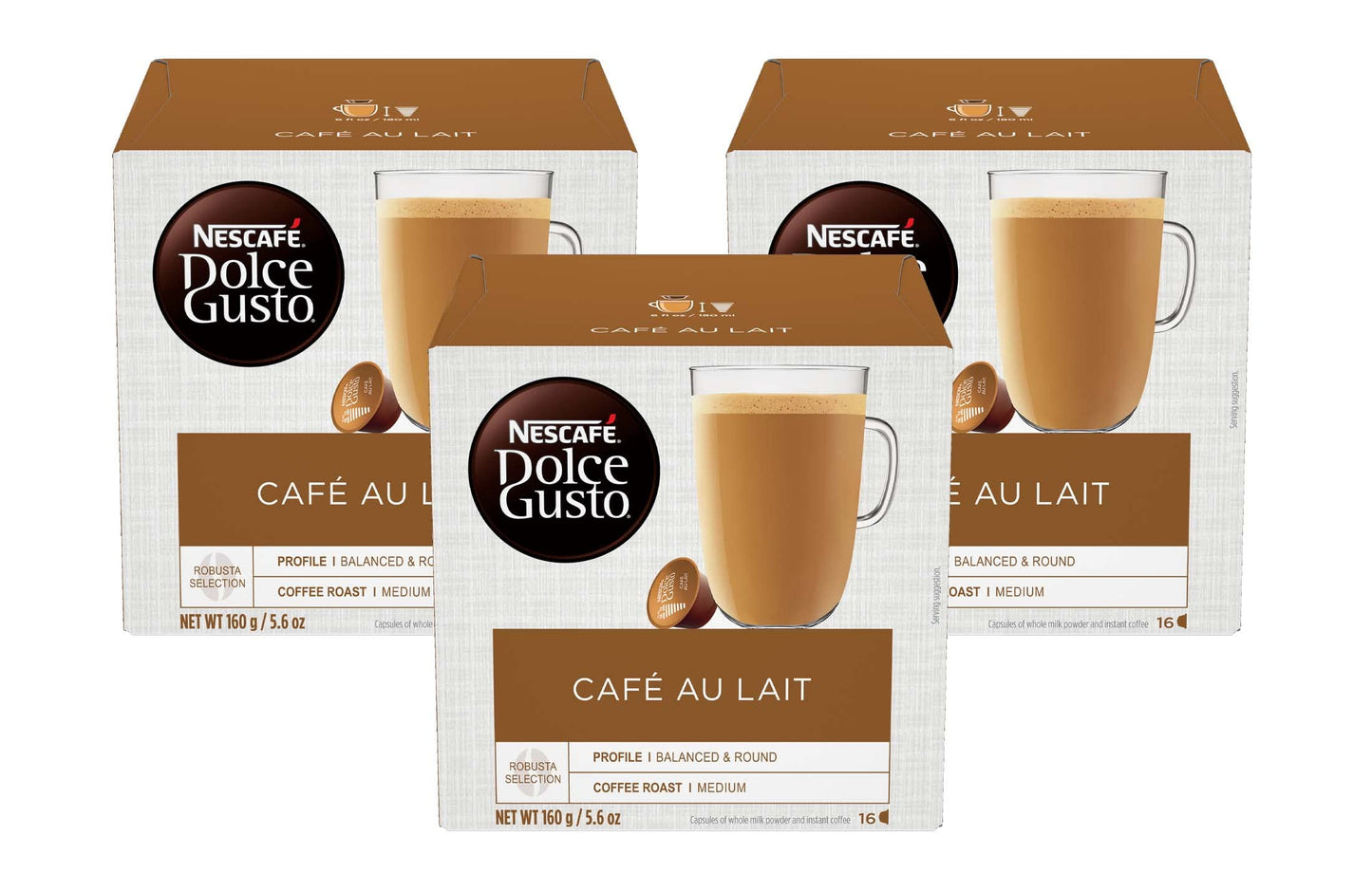 NESCAFÉ DOLCE GUSTO Coffee Pods, Cafe Au Lait, 16 Count, Pack of 3, Model PP-GRCE29505