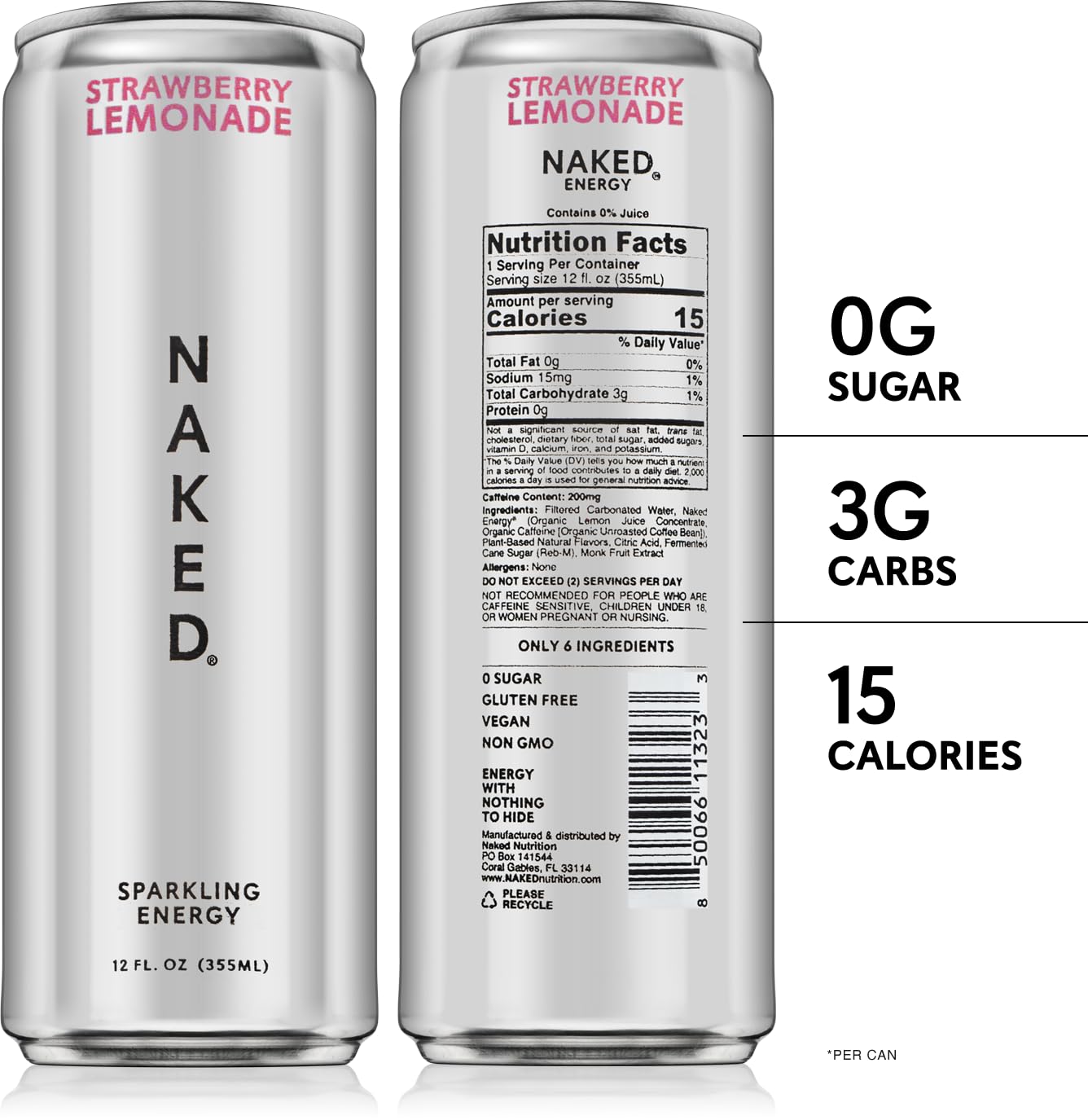 Naked Sparkling Energy Drink - Strawberry Lemonade  Organic Caffeine  Organic Lemon Juice  Zero Sugar  No Sucralose  Naturally Sweetened  Natural Energy Drinks  Vegan  Gluten-Free  Non-GMO - 12oz Cans (Pack of 12)