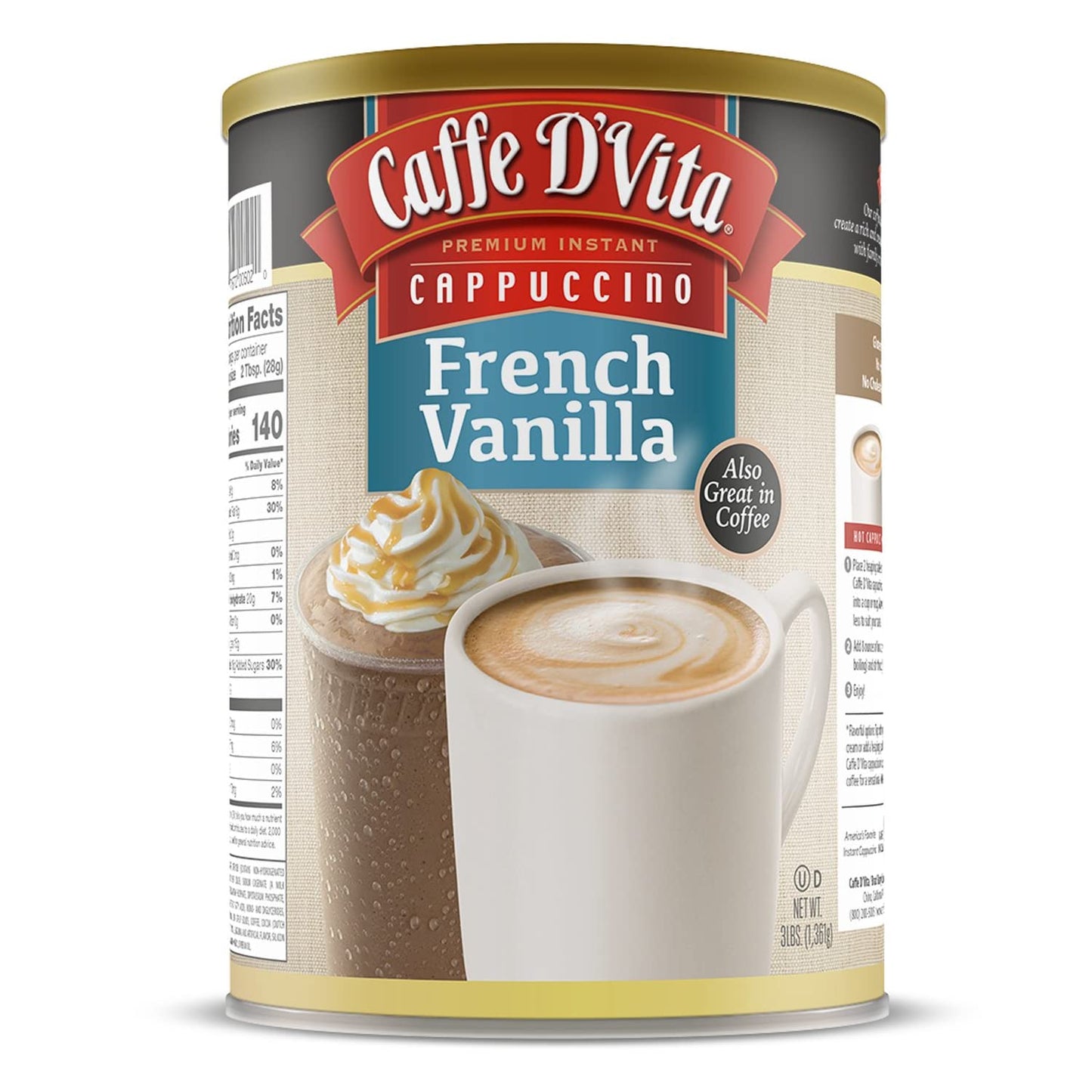 Caffe Dvita French Vanilla Cappuccino Mix - Instant Cappuccino Mix  French Vanilla Instant Coffee  Gluten Free  No Cholesterol  No Hydrogenated Oils  99% Energy Blend Free - 3 Lb Can