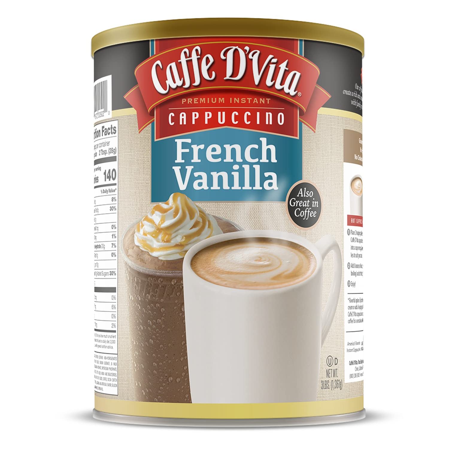 Caffe Dvita French Vanilla Cappuccino Mix - Instant Cappuccino Mix  French Vanilla Instant Coffee  Gluten Free  No Cholesterol  No Hydrogenated Oils  99% Energy Blend Free - 3 Lb Can