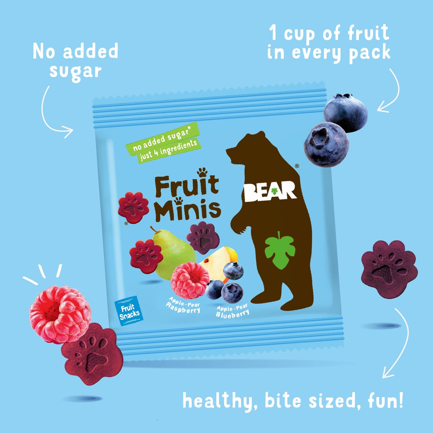 Bear Real Fruit Snack Minis, Raspberry/Blueberry, No Added Sugar, All Natural, Bite Sized Snacks For Kids, Non Gmo, Gluten Free,