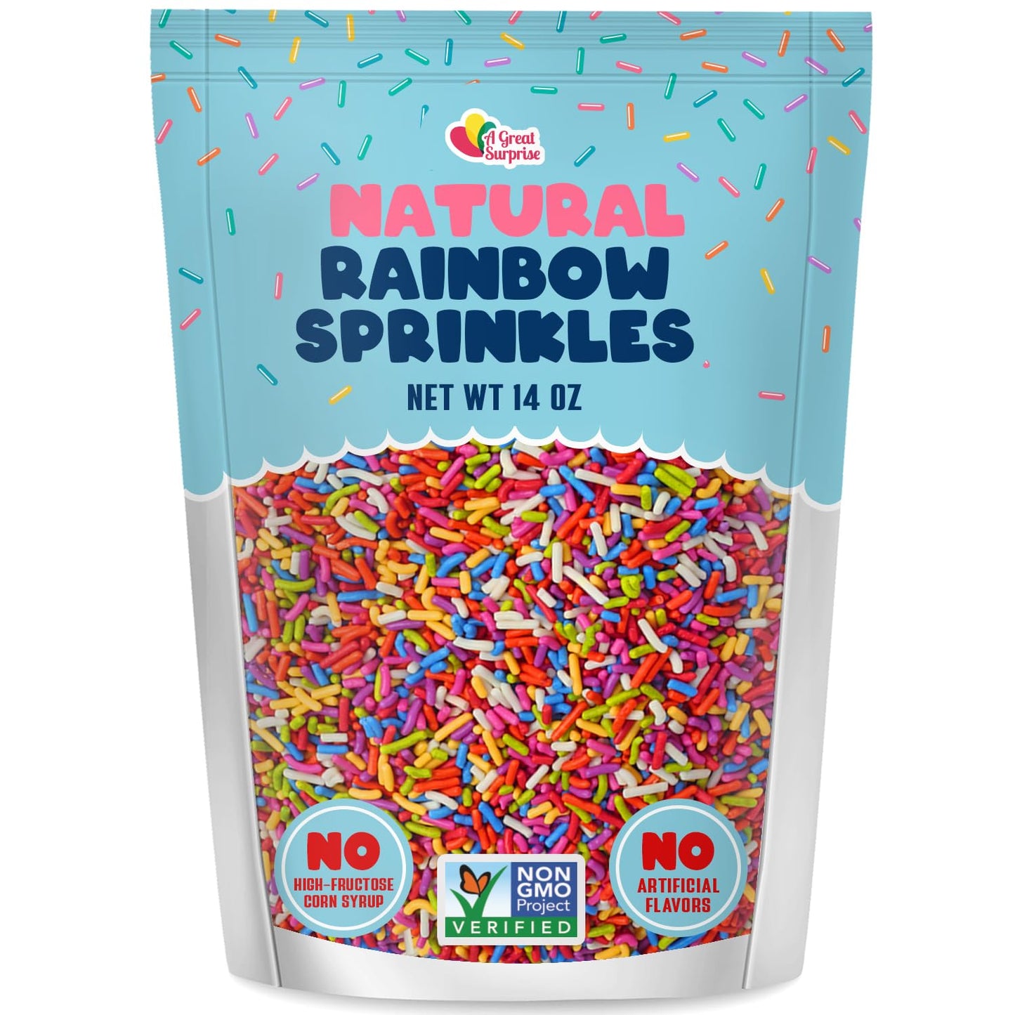 Bulk A Great Surprise Dye Free Rainbow Sprinkles - 14 Ounces - Naturally Colored Rainbow Jimmies - Vegan, Non-GMO Dessert Toppin