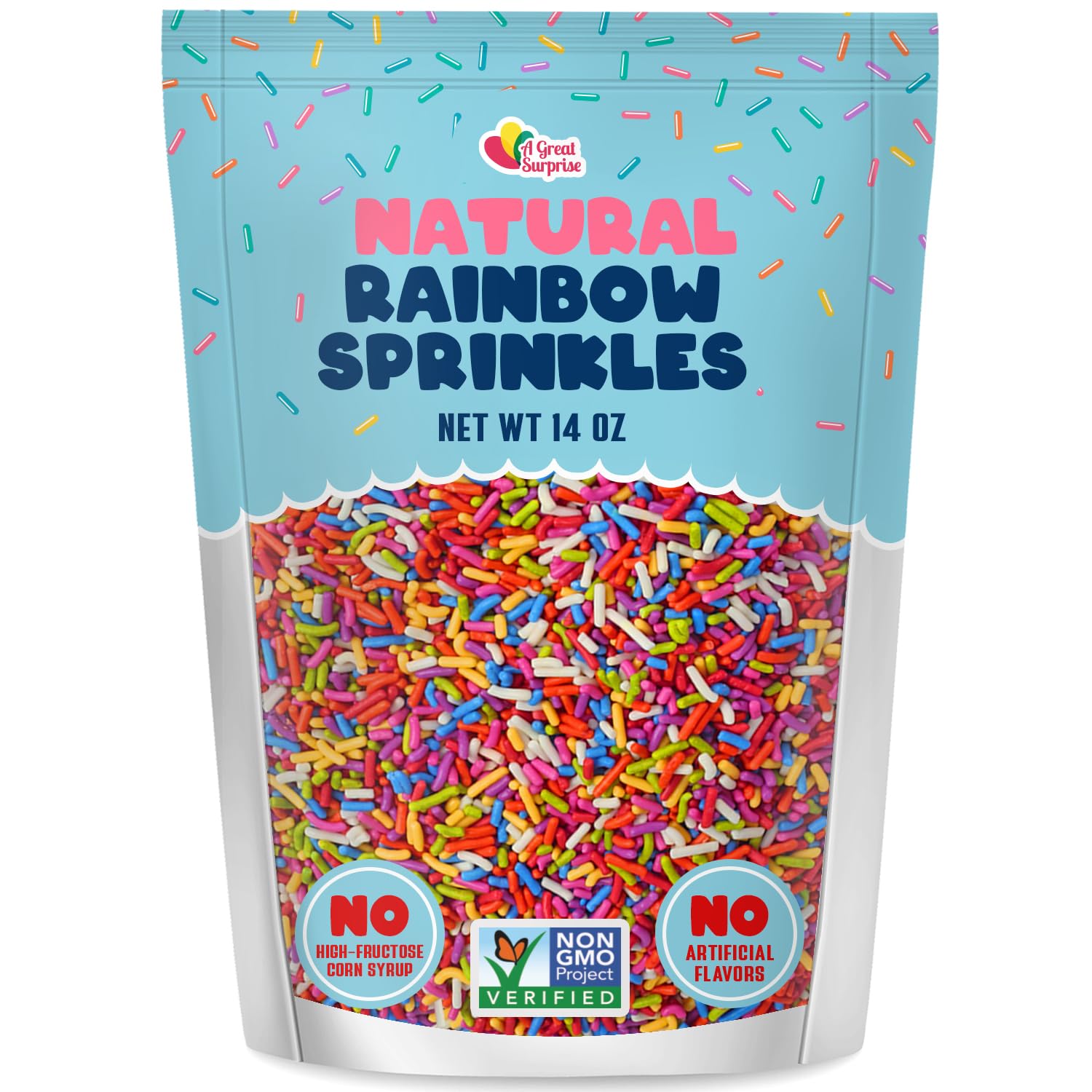 Bulk A Great Surprise Dye Free Rainbow Sprinkles - 14 Ounces - Naturally Colored Rainbow Jimmies - Vegan, Non-GMO Dessert Toppin