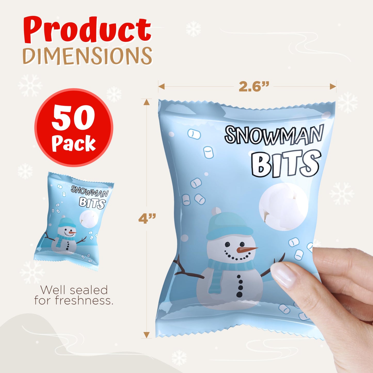 4Es Novelty 50 Packs Snowman Bits Mini Marshmallow Packets  Vanilla Flavored  14 Marshmallows in Each Bag  Bulk Individually Wrapped Christmas Marshmallows For Hot Chocolate Bar Supplies Party
