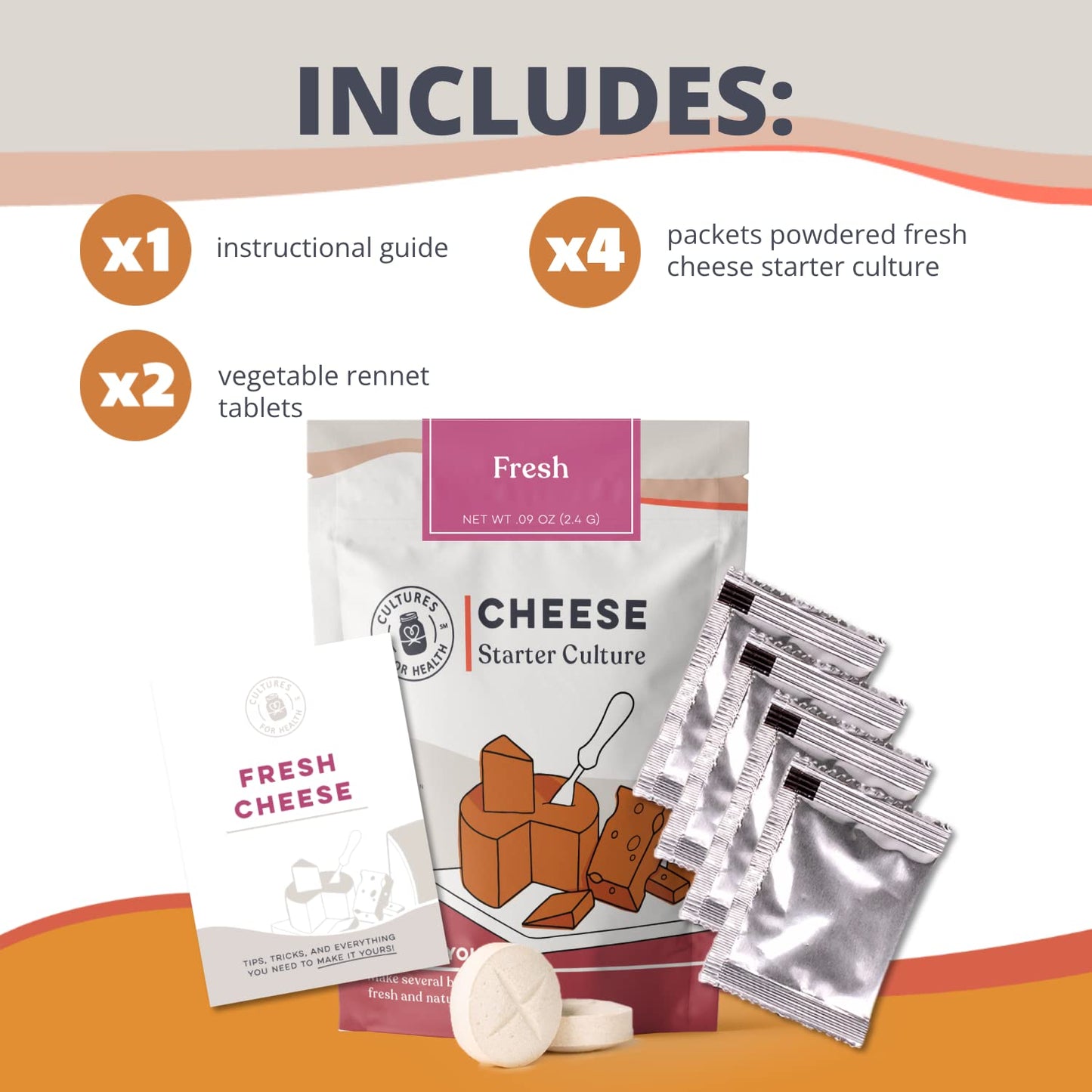 Cultures For Health Fresh Cheese Starter Culture - 4 Mesophilic Packets & 2 Rennet compact pieces - DIY Soft Cheeses - 0.09 Ounce