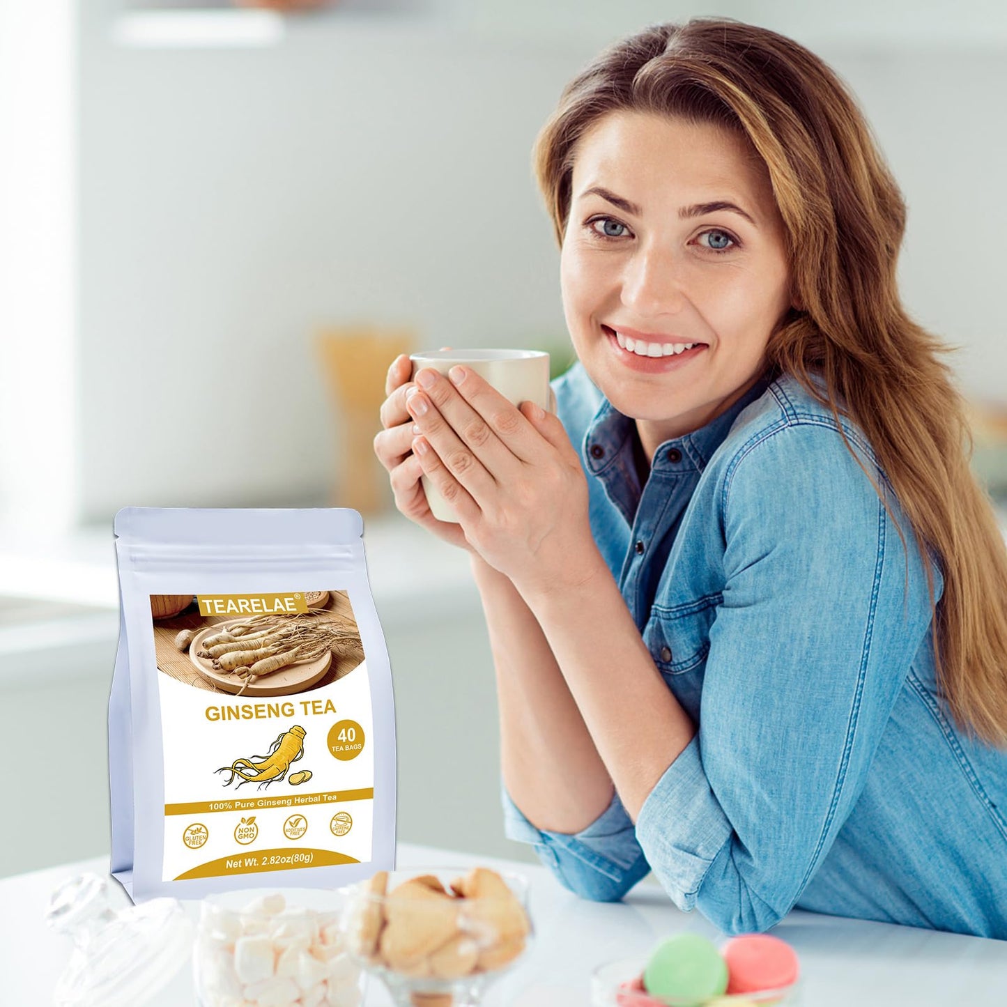 TEARELAE Ginseng Tea Bags - Pure Ginseng Root - Caffeine-Free - 40 Count