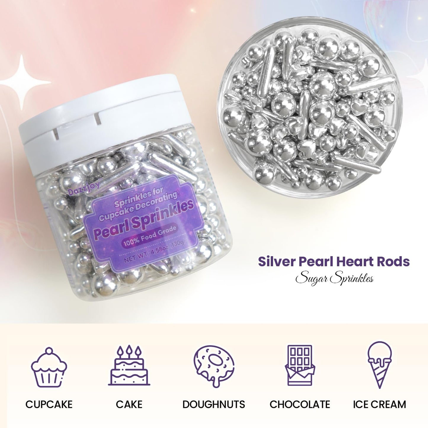 Dazzjoy Edible Silver Pearl Heart Rods Sprinkles, 130G/4.58Oz, Mix Size, Silver Pearl Sprinkles For Cupcake Decorating, Cupcake