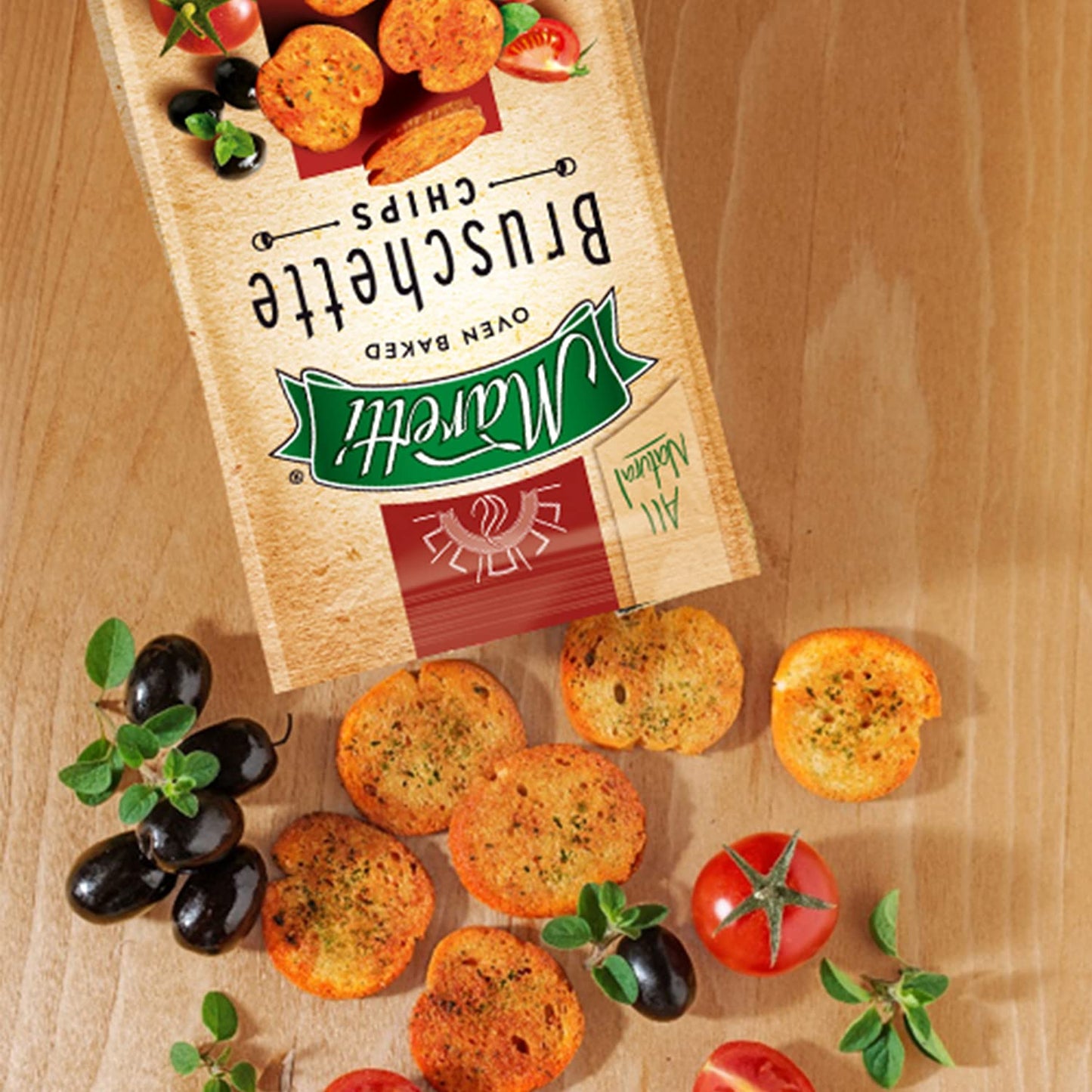 Maretti - Bruschette Chips With Tomato, Olives & Oregano - All Natural Oven Baked Bagel Chips - Good For Vegetarians - Party Sna