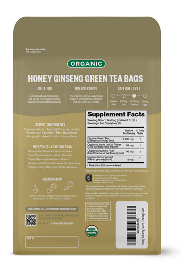 Fgo Organic Honey Ginseng Green Tea, 20 Count, Eco-Conscious Tea Bags, Resealable Bag, Packaging May Vary (Pack Of 1)