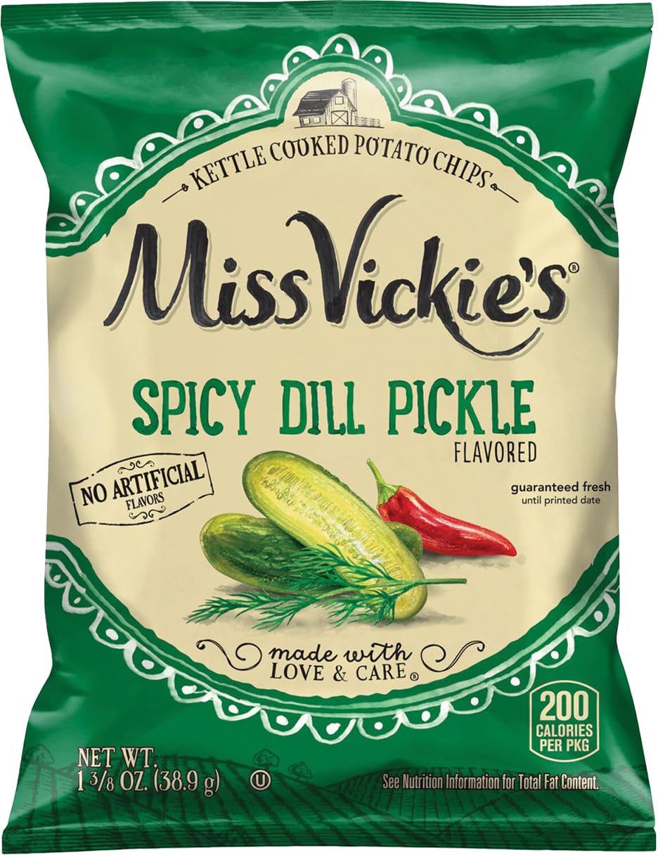 Miss Vickies Kettle Cooked Potato Chips  Spicy Dill Flavor  1.375 oz Bags  Pack of 8