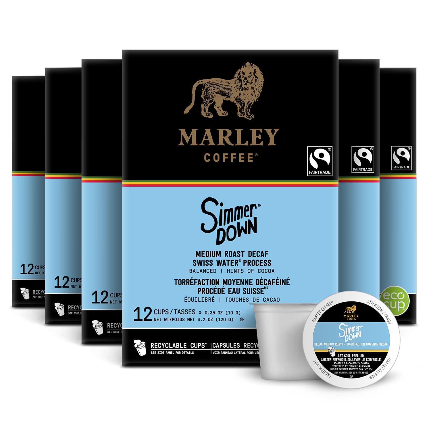 Marley Coffee Simmer Down Decaf, Swiss Water Process, Medium Roast Coffee, Keurig K-Cup Brewer Compatible Pods, 12 Count (Pack O