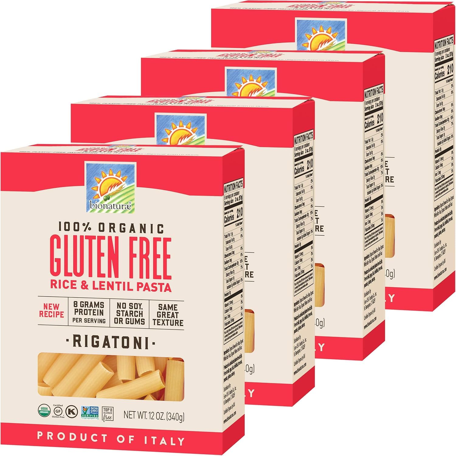 Bionaturae Rigatoni Pasta Noodles - Gluten Free Rigatoni Pasta Organic, Rice & Lentil Pasta, Kosher, High Protein, Non-Gmo, Glut