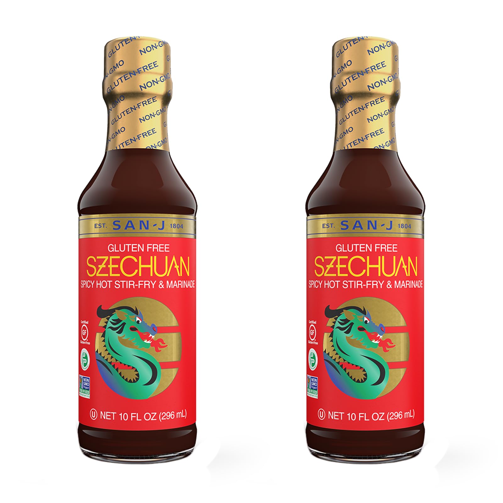 San-J - Spicy Gluten Free Szechuan Sauce - Non-Gmo - 10 Oz. Bottles - 2 Pack