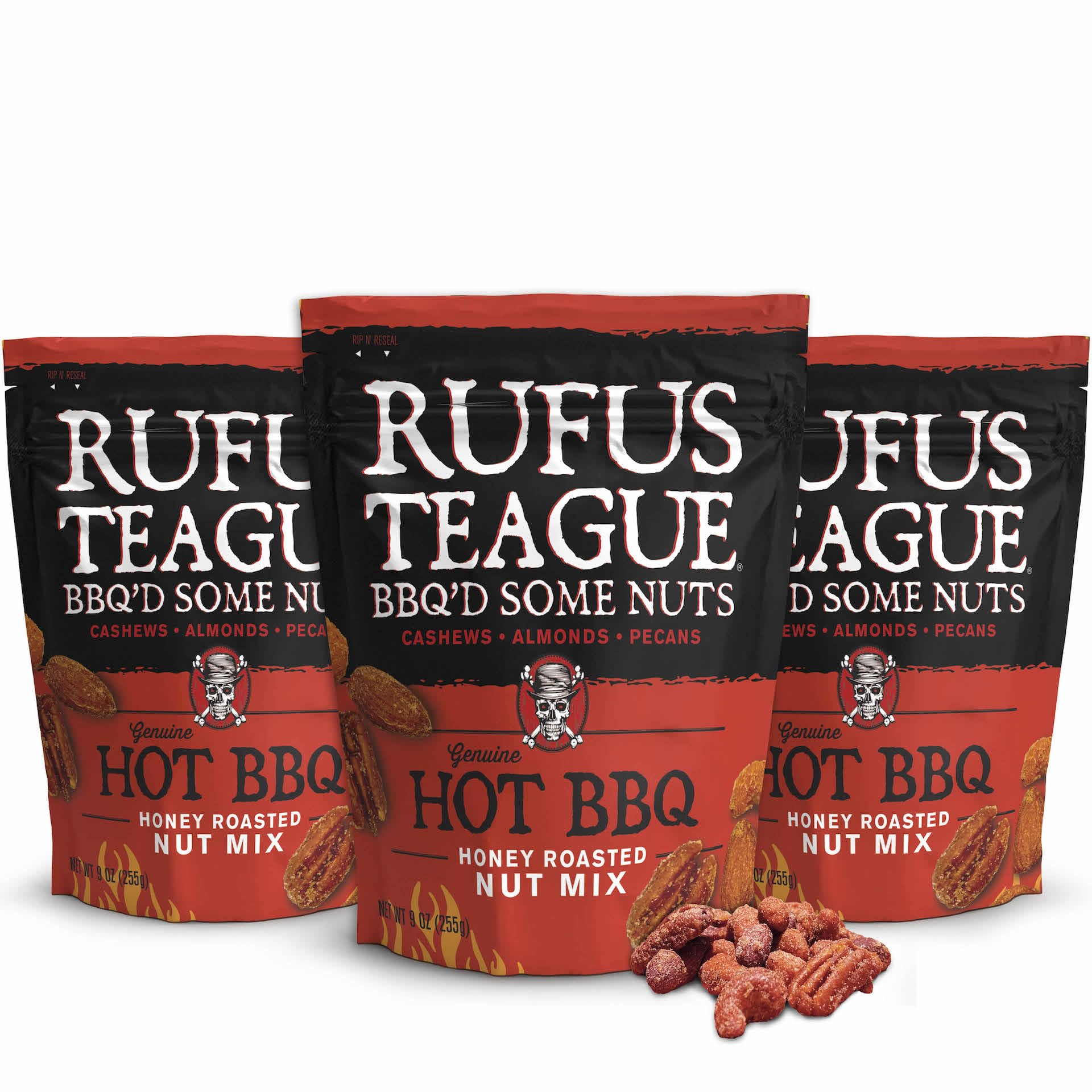 Rufus Teague Hot BBQ Honey Roasted Nuts Mix, Sweet & Spicy Almonds, Cashews & Pecans, 9 oz Resealable Pouch (No Peanuts), 3 Pack