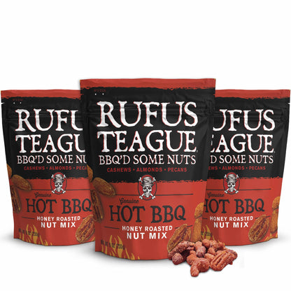 Rufus Teague Hot BBQ Honey Roasted Nuts Mix, Sweet & Spicy Almonds, Cashews & Pecans, 9 oz Resealable Pouch (No Peanuts), 3 Pack