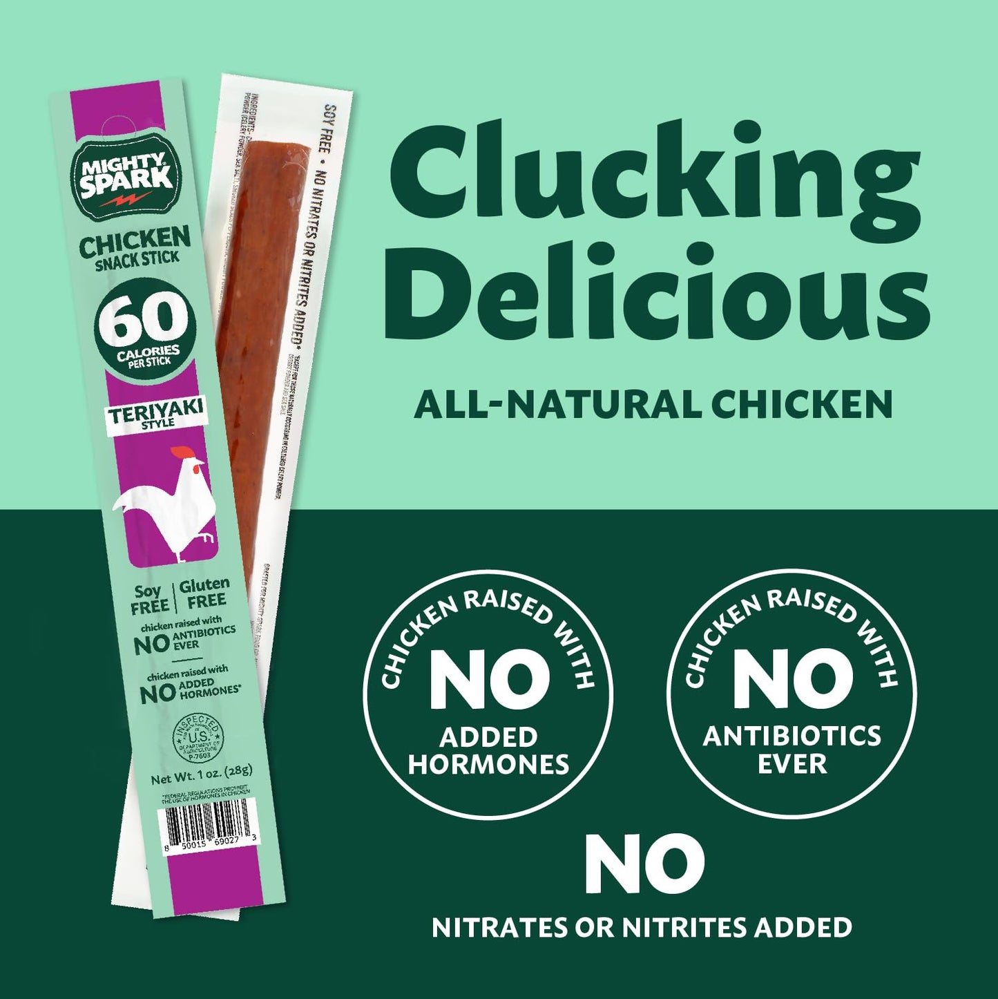 Mighty Spark Teriyaki Chicken Snack Sticks - 5g Protein, Gluten & Soy Free, Keto Friendly, Weight Watchers Approved - 48 Count