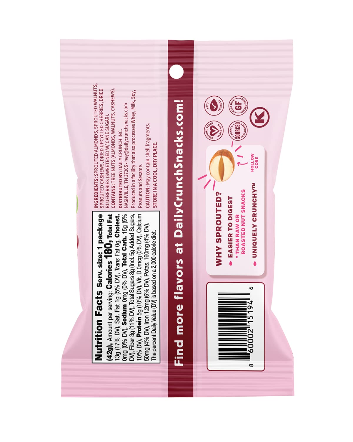Daily Crunch Sprouted Almonds, Cherry Berry (1.5 Ounce Bags, Pack Of 8) - Sprouted And Dehydrated For A Unique Crunch, Keto Frie