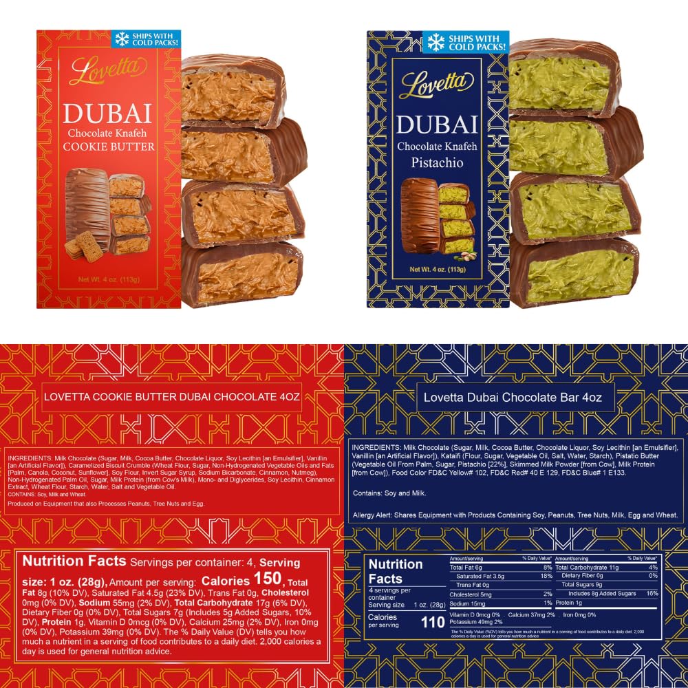 Lovetta Dubai Chocolate Bar Variety Pack  Pistachio & Cookie Butter Knafeh - Luxury Rich Milk Chocolate  Individually Wrapped Fresh  enhanced Pistachio Cream & Cookie Butter Kataifi Filling Halloween Candy