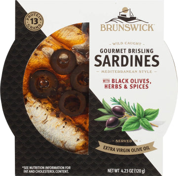 Brunswick Wild Caught Gourmet Brisling Sardines in Olive Oil, 4.23 oz Can, Mediterranean Style with Black Olives, 13g Protein per Serving