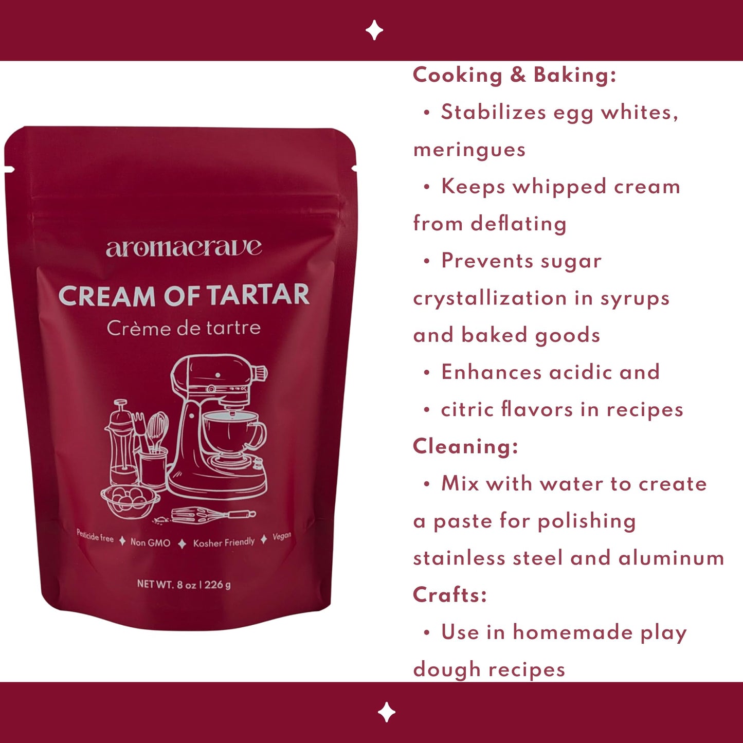 AROMACRAVE Cream of Tartar Powder, Stabilizes Egg Whites, 8 Ounce