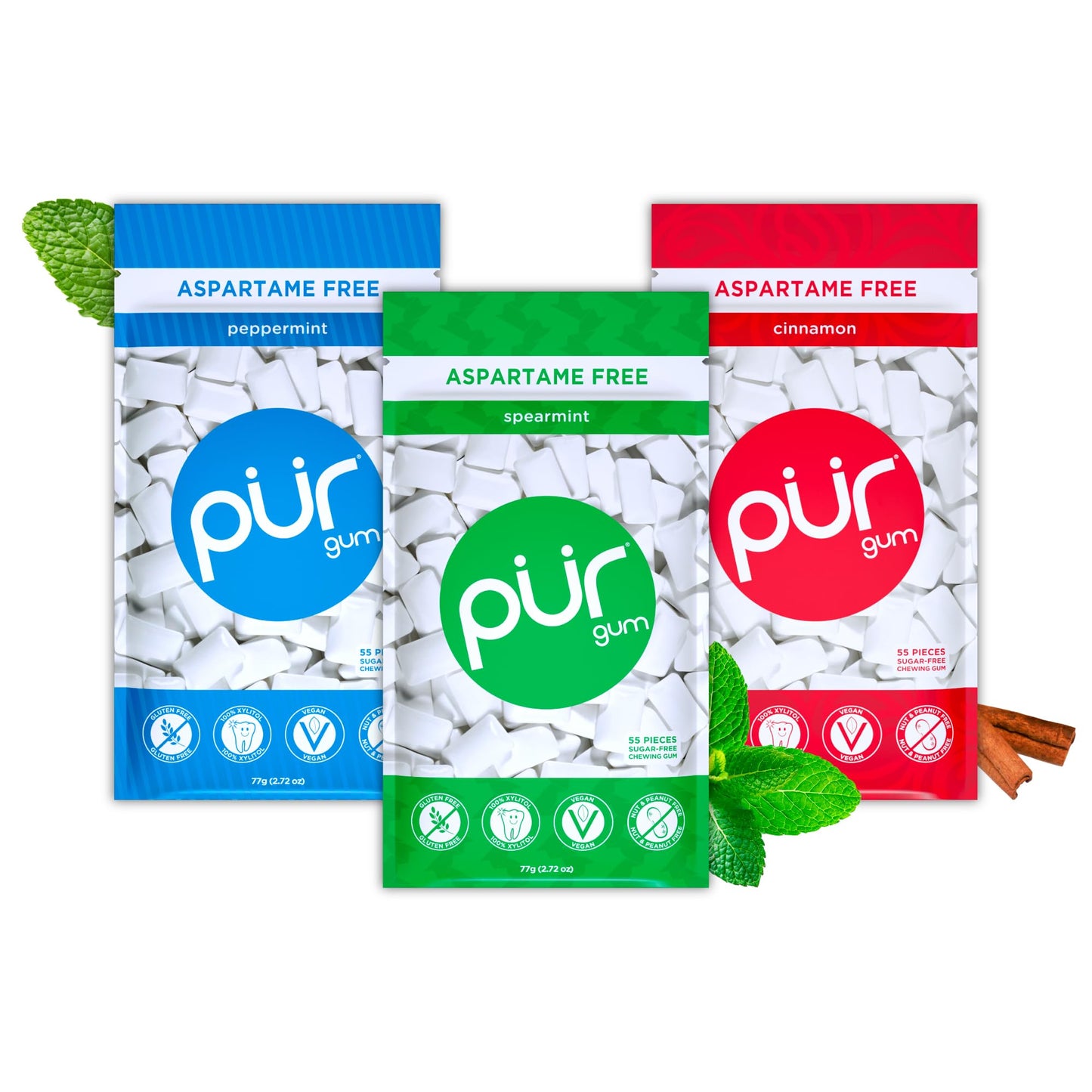 PUR Gum Aspartame Free Chewing Gum Variety Pack, 55 Count (Pack of 3), 100% Xylitol, Model 830028004472