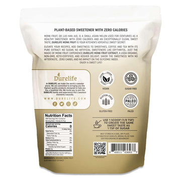 Durelife Organic 100% Pure Monk Fruit Sweetener, No Erythritol, Monkfruit Extract Powder, Usda Organic Non-Gmo Project Verified, Keto Certified Ou Kosher No Fillers Zero Calorie Sugar Substitute 10 Oz