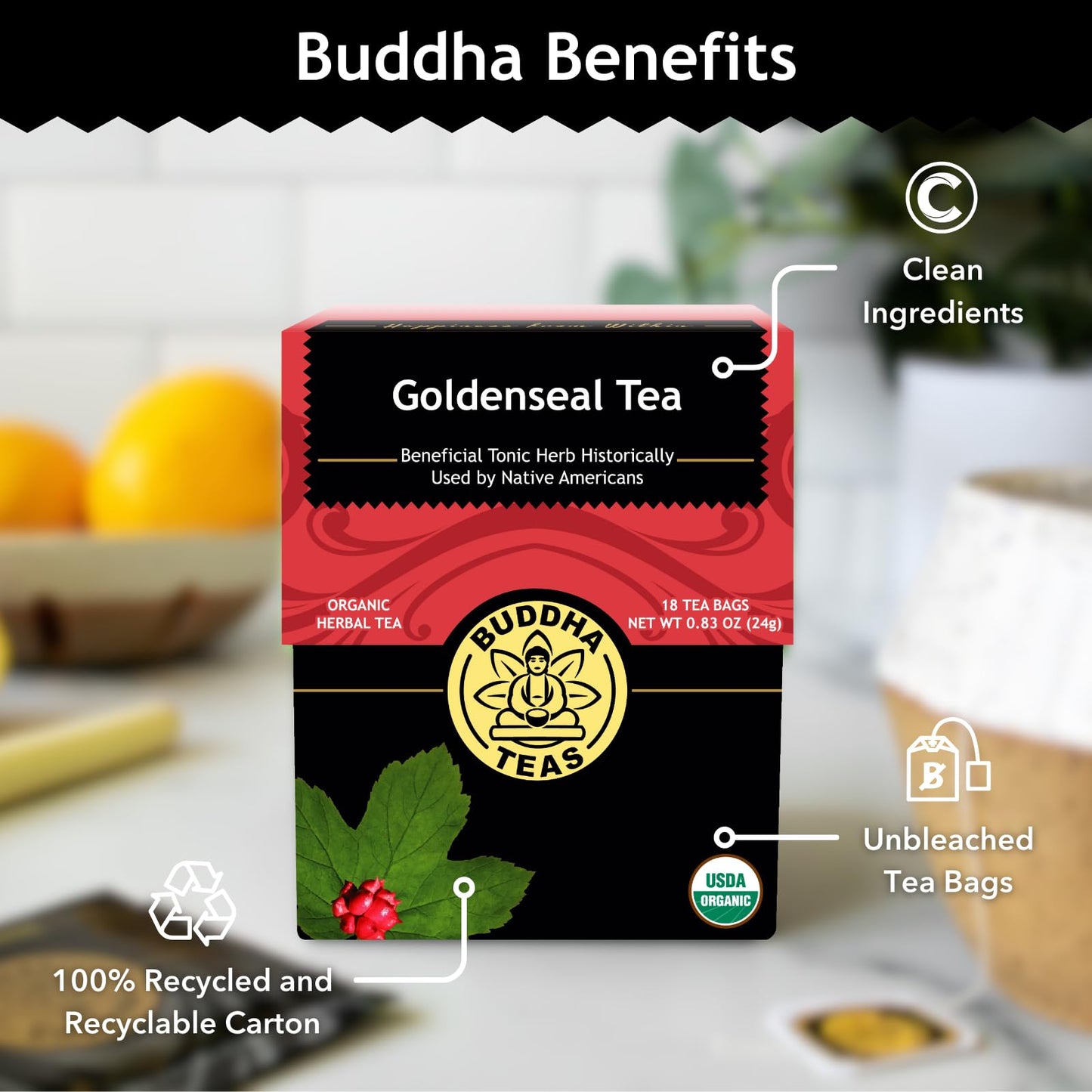 Buddha Teas Organic Goldenseal Tea - Ou Kosher, Usda Organic, Ccof Organic, 18 Bleach-Free Tea Bags