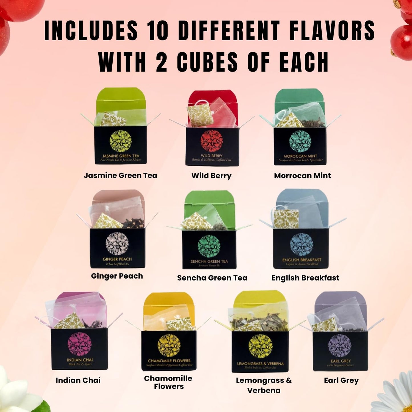 Variety Pack Gourmet Tea Sampler, By Ceremonie Tea. A Collection Of 10 Different Assorted Single Serve Flavors, Set Of 2 Each Pe