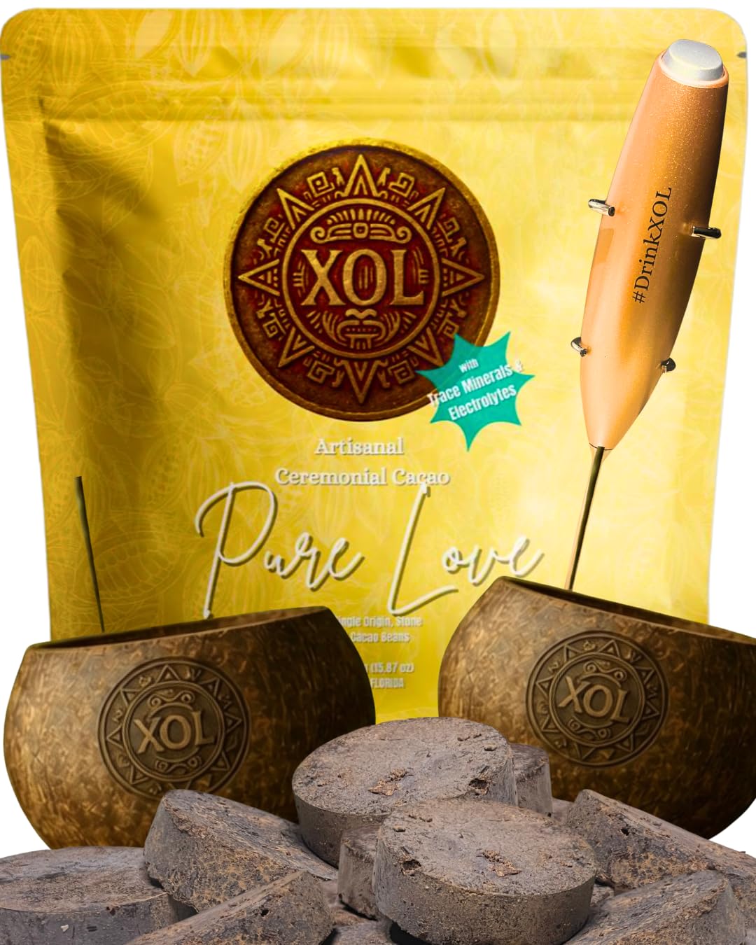 Ceremonial Cacao Ritual Bundle - Choice of Ceremonial Blend (1 lb) + Coconut Bowls + Signature Frother - Organic, Raw & Unsweete