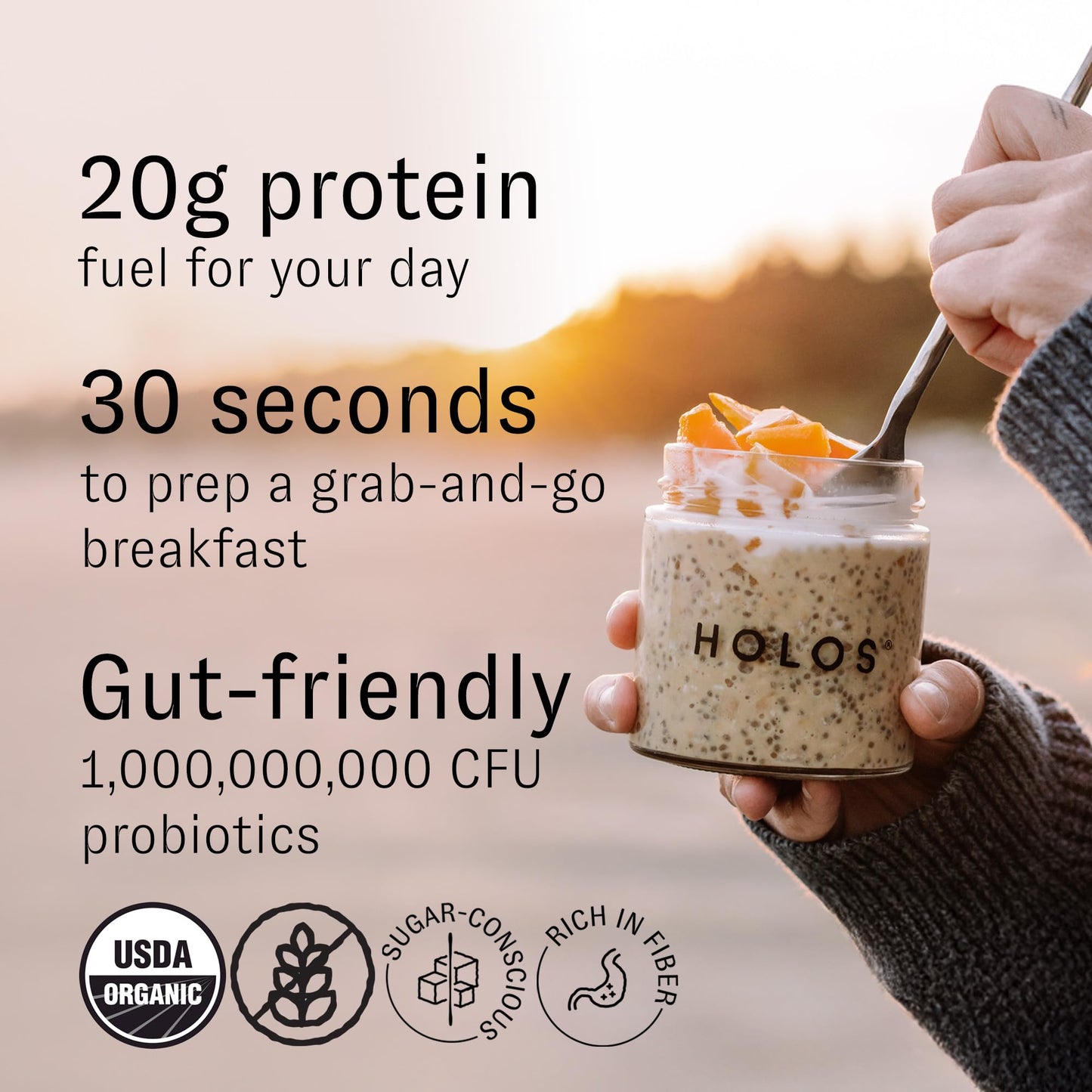 HOLOS Organic Overnight Muesli - 12 Pack Variety Flavors with Jar - Gluten Free Muesli Cereal with Overnight Oats  High Fiber  20g Plant Proteins  Probiotics  Vitamins  Minerals