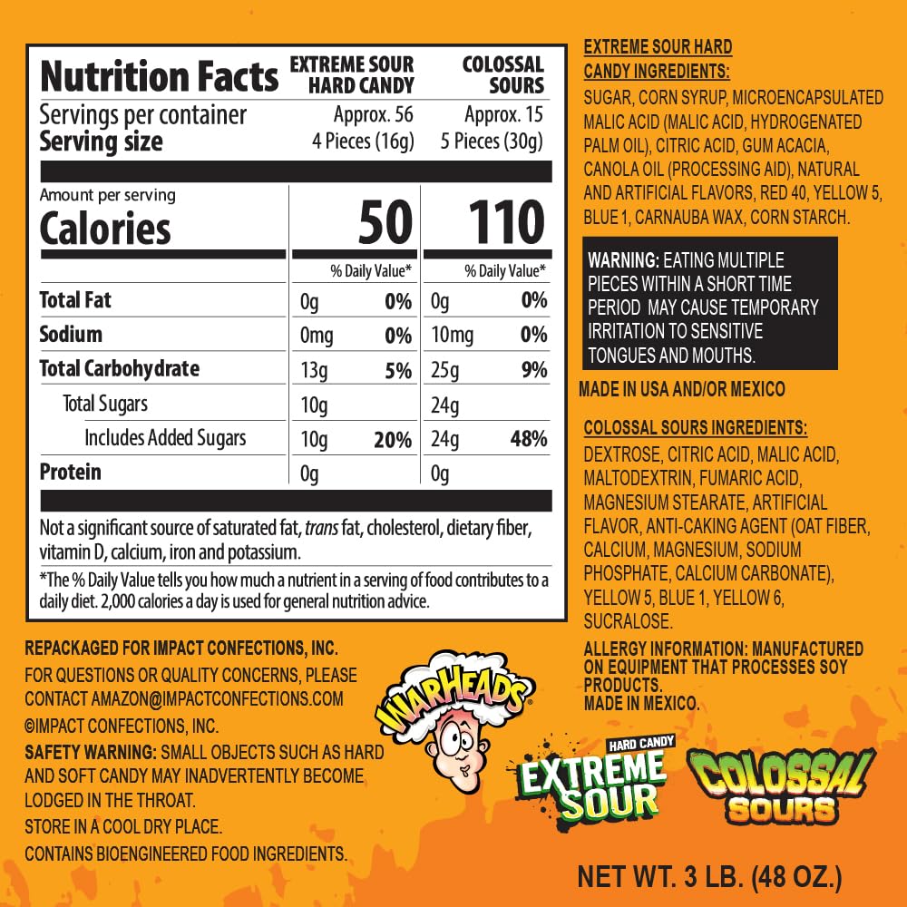 Wallys Limited Availability Sour Mix - Warheads Sour Candy Bulk Mix Of Colossal Sours And Extreme Sour Hard Candy - Intense Fruity, Sweet And Sour Flavors. - Parties, Gifts, Holidays - 3 Lb Bag